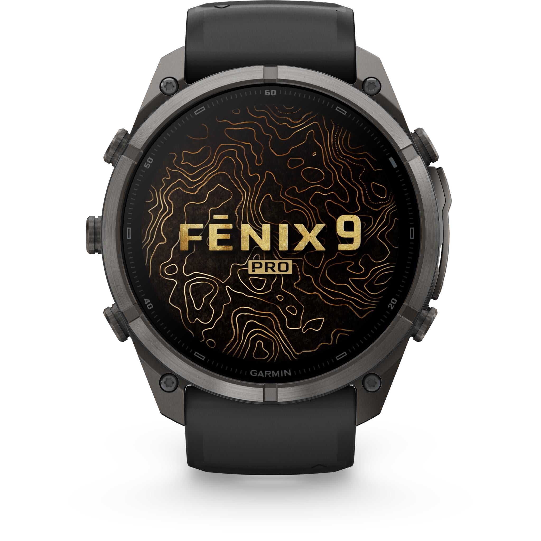 Garmin GPS watch with black silicone strap, front view with FENIX 9 PRO contour display