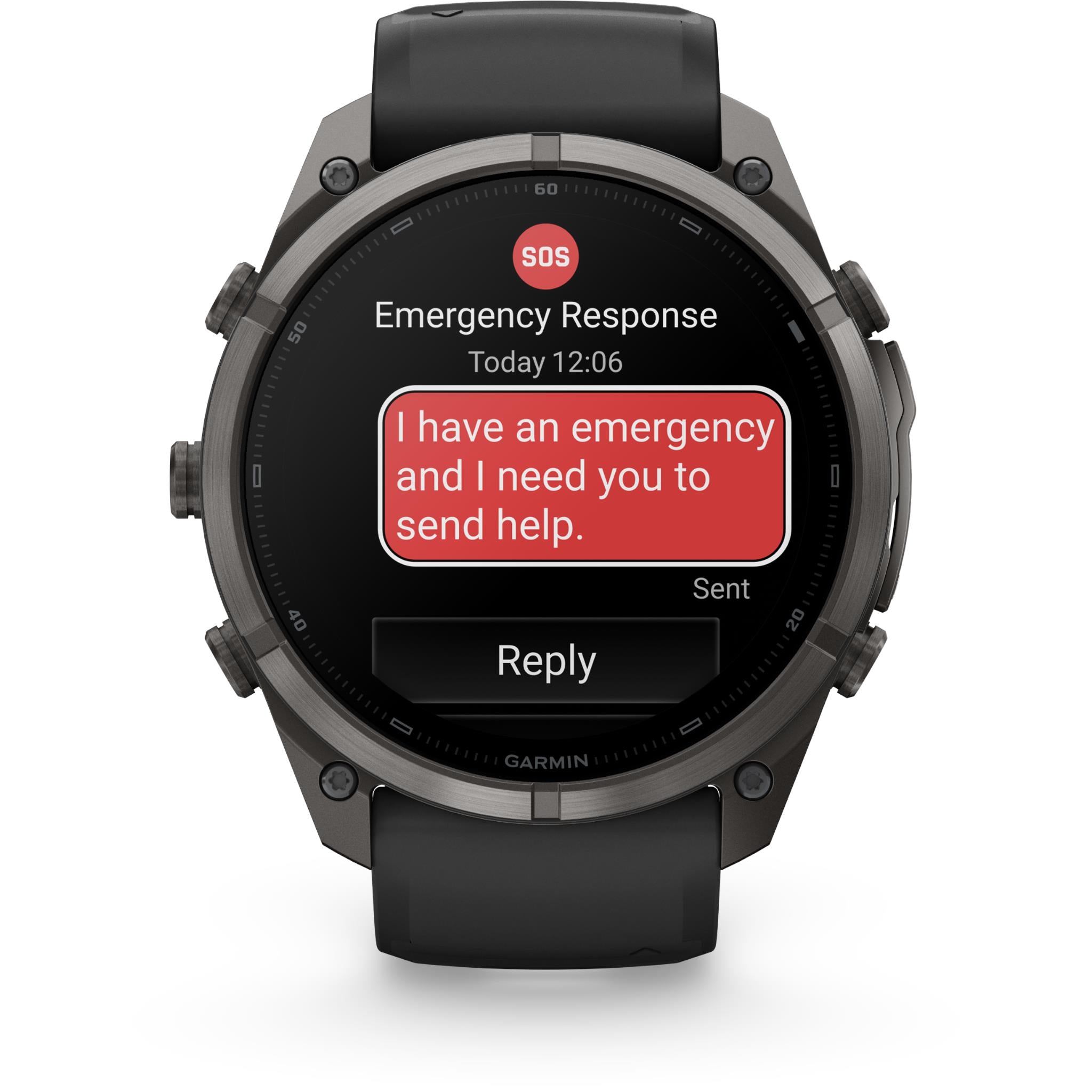 Garmin GPS watch with black silicone strap, front view showing Emergency Response and Reply