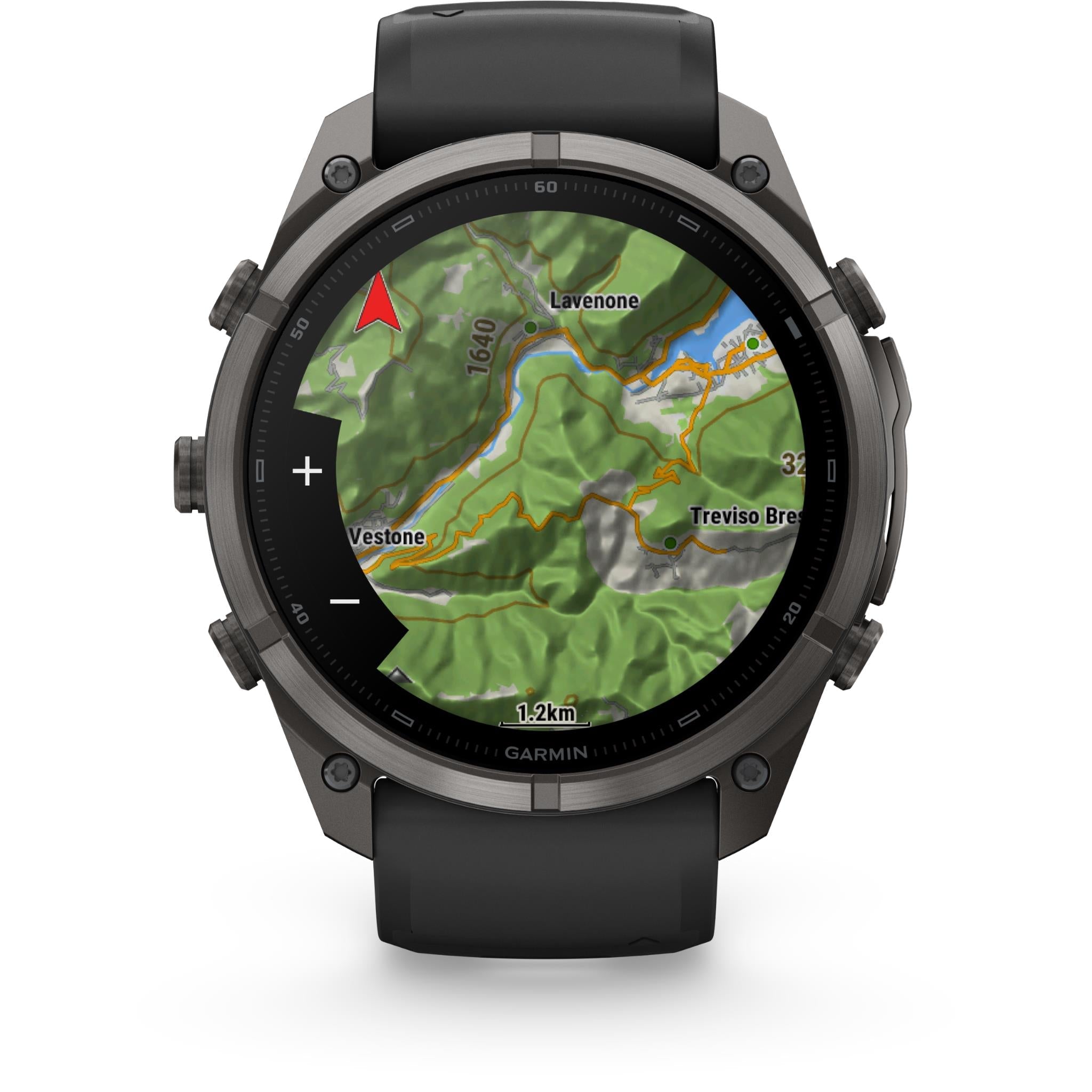 Garmin GPS watch with black silicone strap, front view showing color navigation map screen