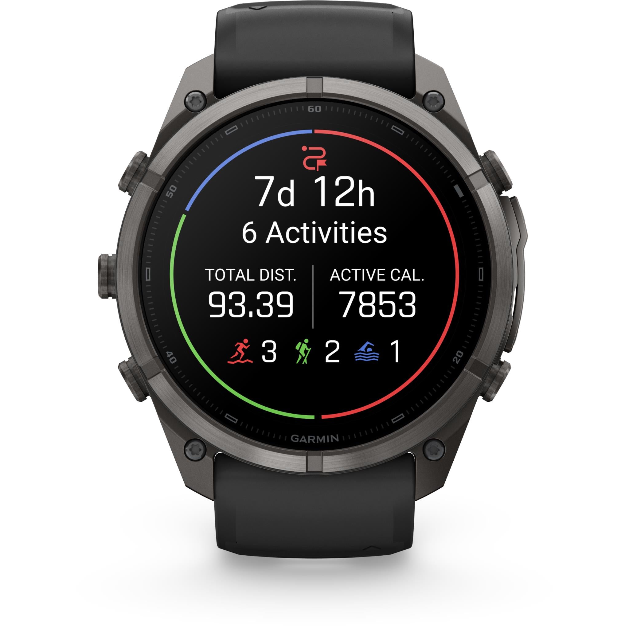 Garmin GPS watch with black silicone strap, front view showing 7d 12h and activity stats