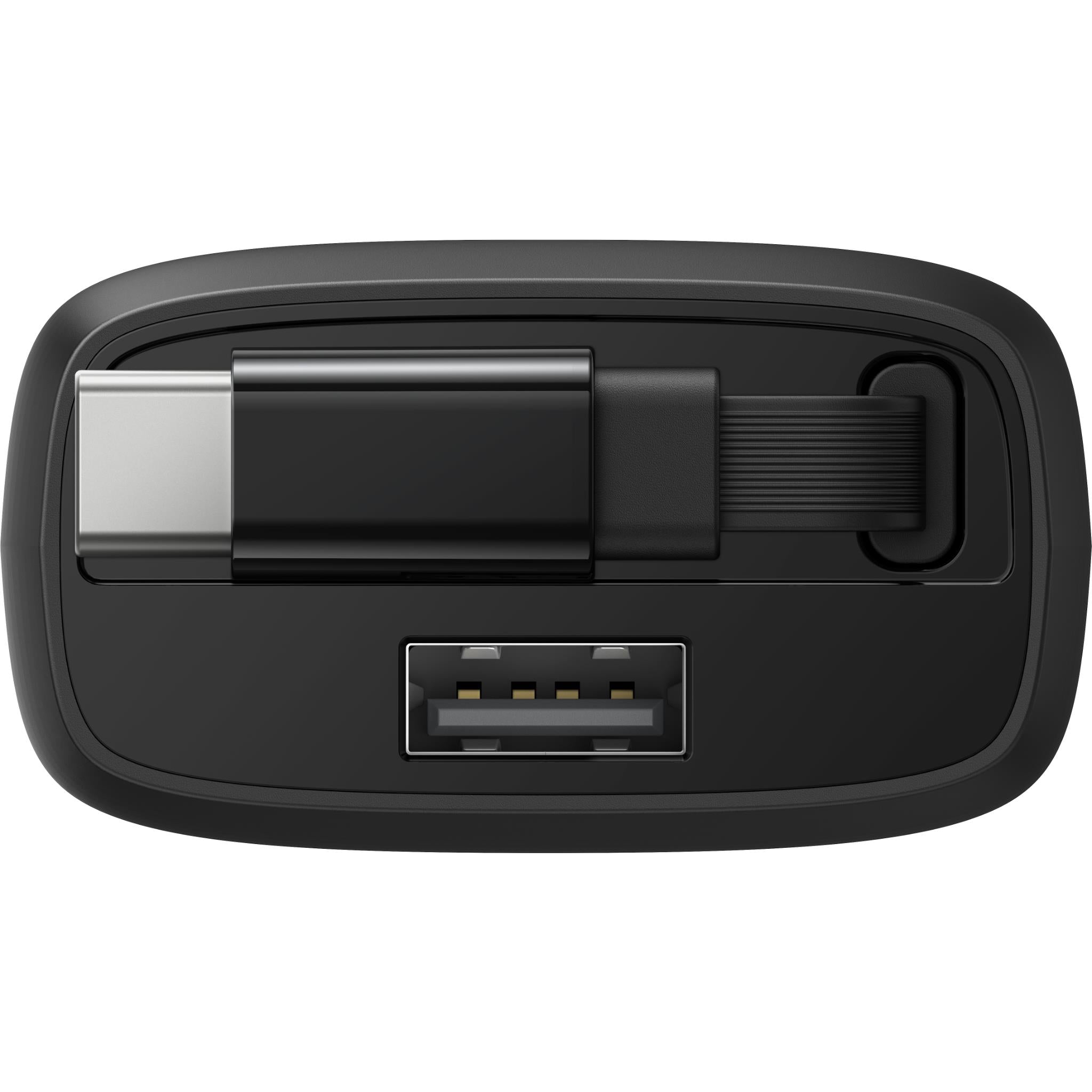 Belkin 30W car charger bottom ports view, with USB output and prongs