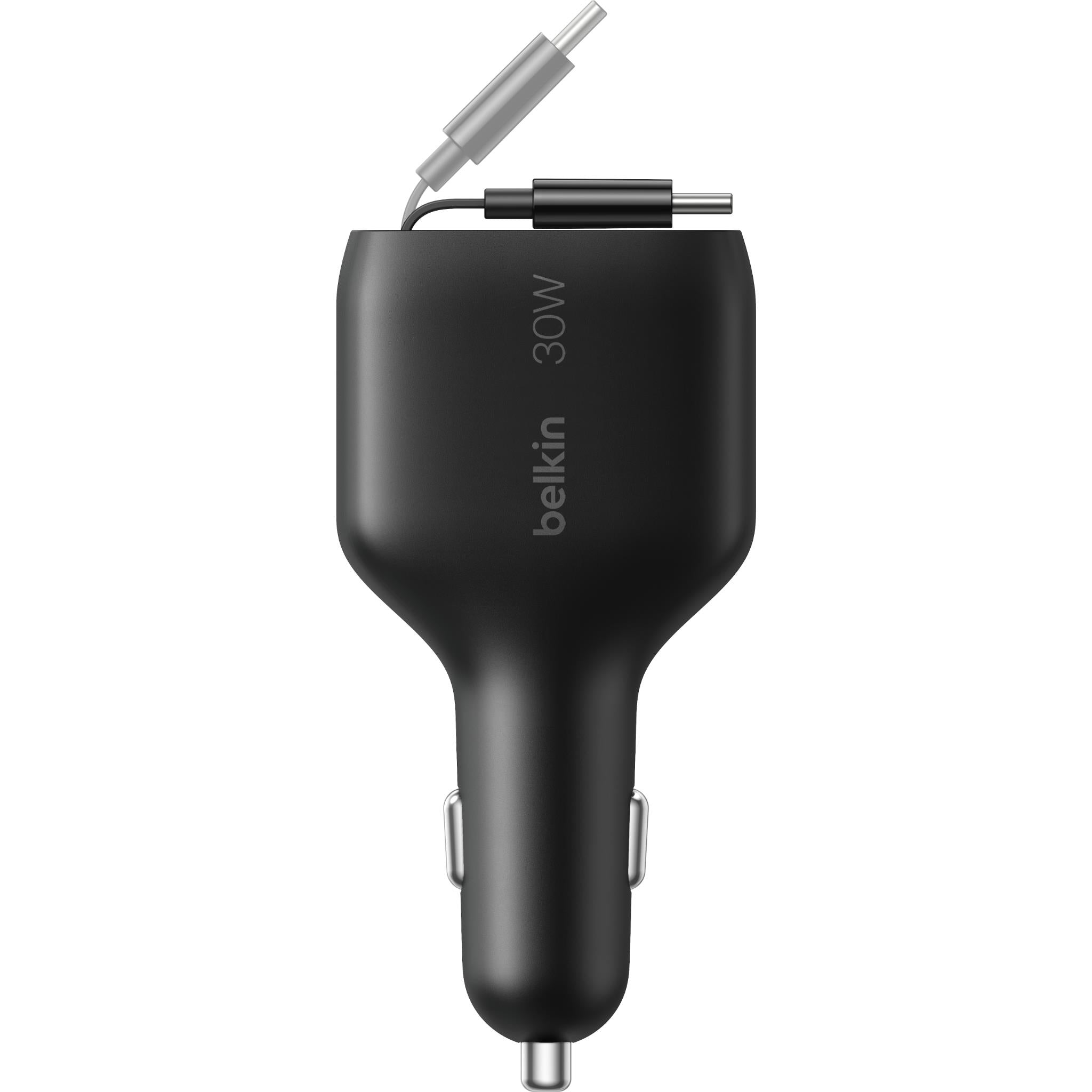 Belkin 30W car charger front view with dual USB ports and built-in cable