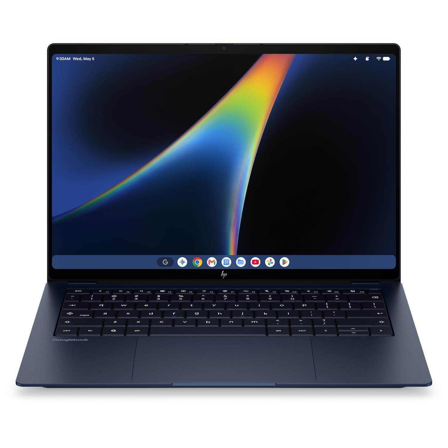 Dark blue 14-inch touchscreen laptop, keyboard and display open