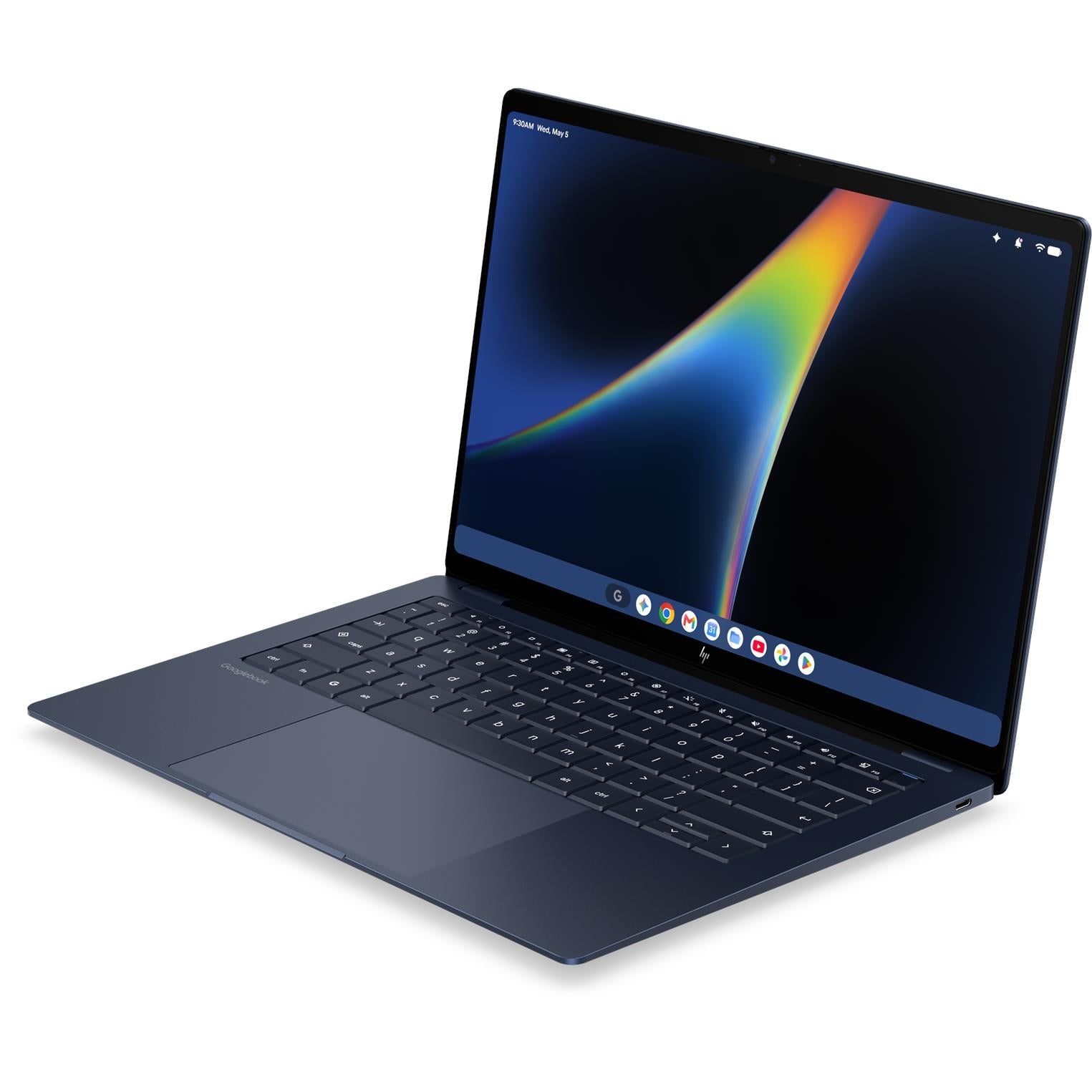 Dark blue 14-inch laptop in open laptop mode, angled view