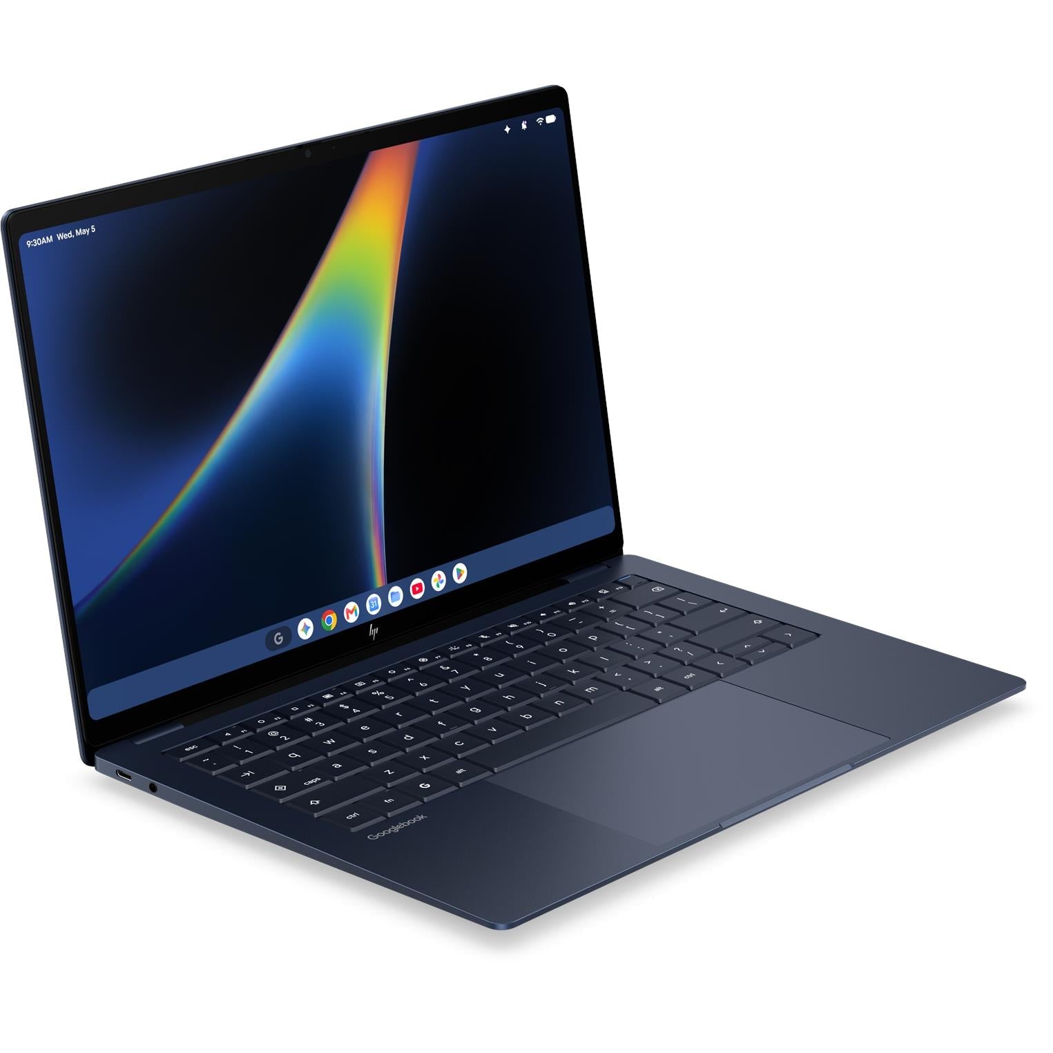 14-inch laptop open in dark blue, showing colorful OLED screen