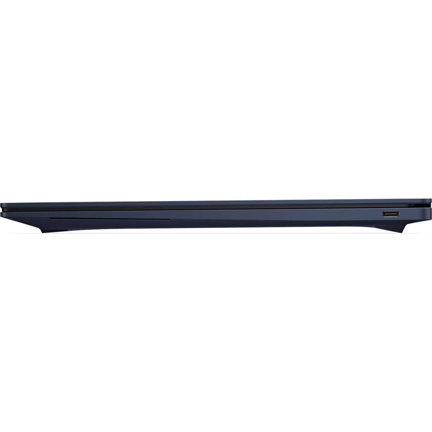 Laptop side profile with slim dark blue chassis and port openings