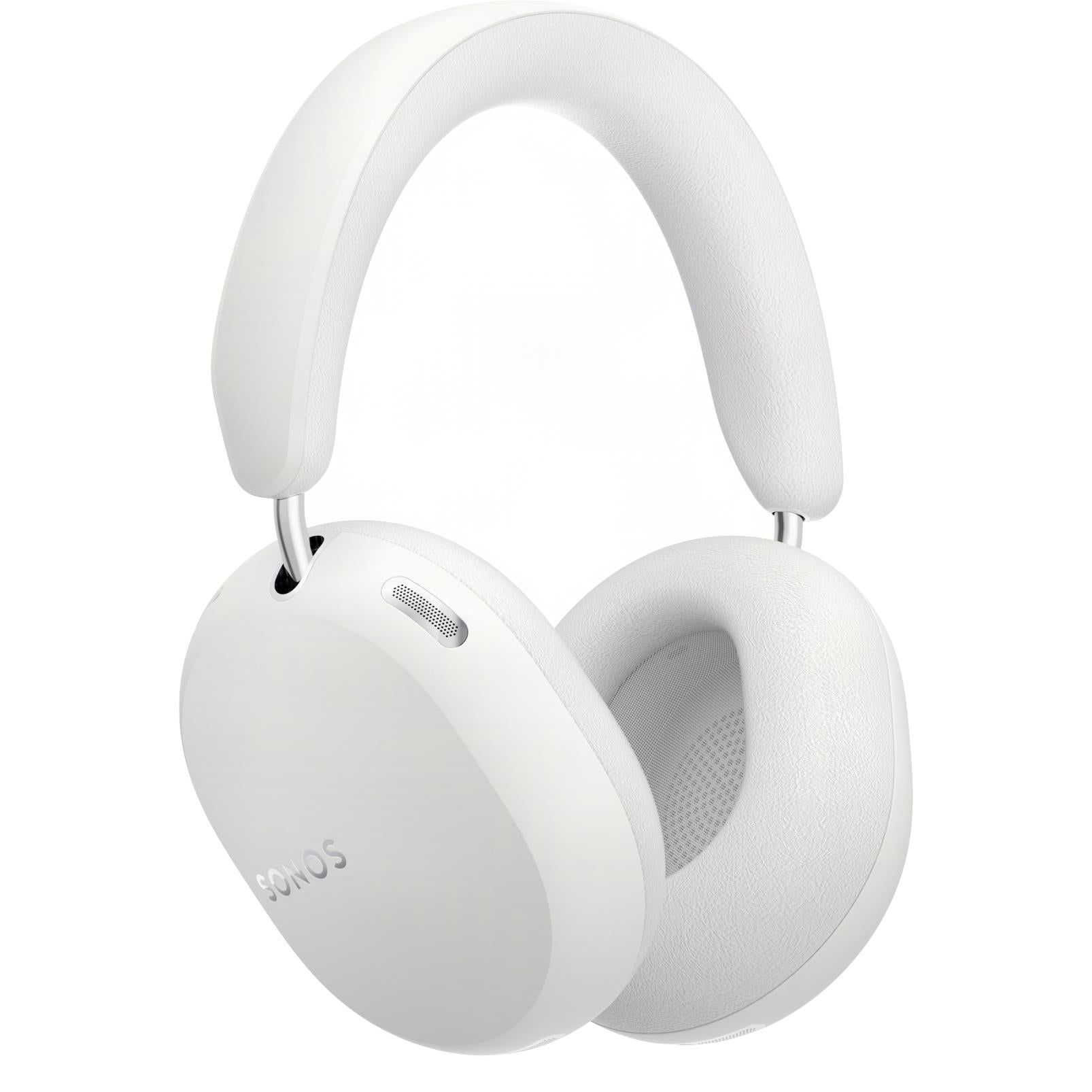 White over-ear wireless noise cancelling headphones with cushioned headband and ear pads