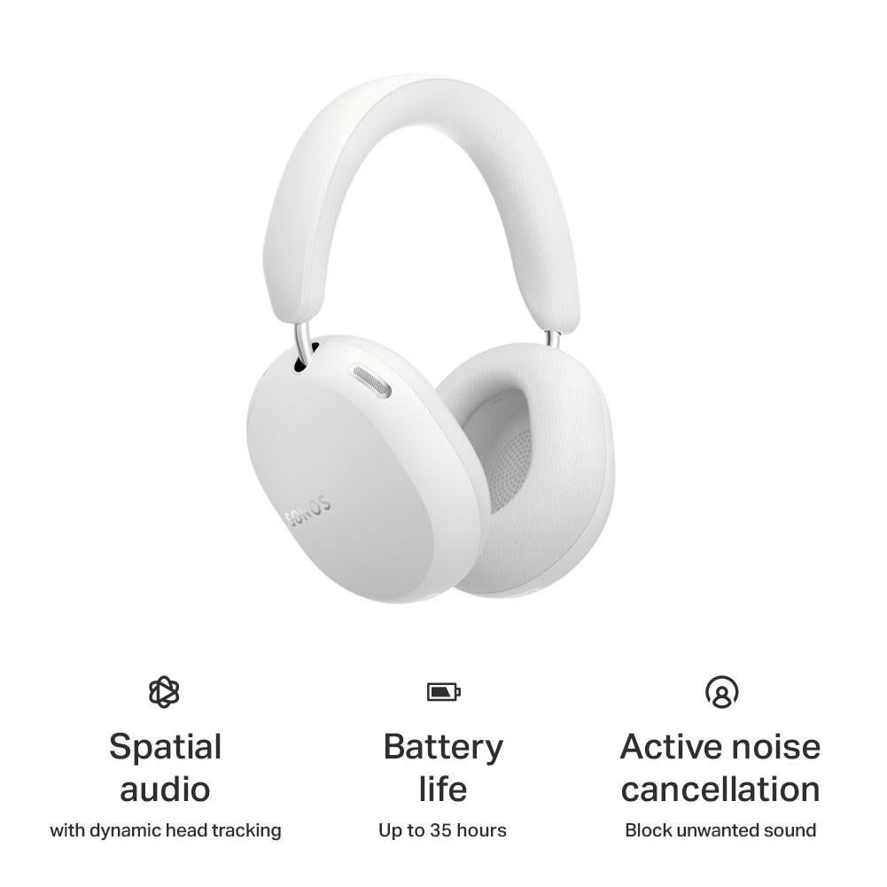 White over-ear wireless headphones with mesh ear pads and padded headband