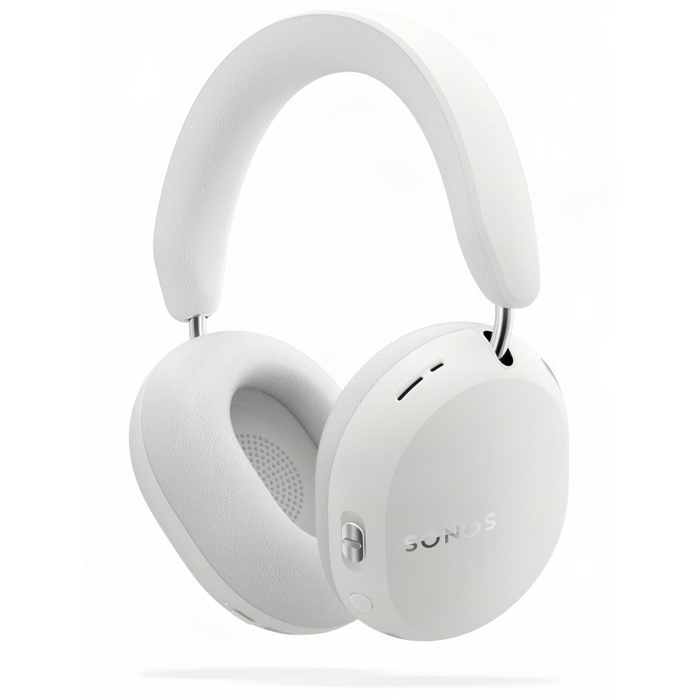 White over-ear wireless headphones showing side buttons and ear pad speaker grille