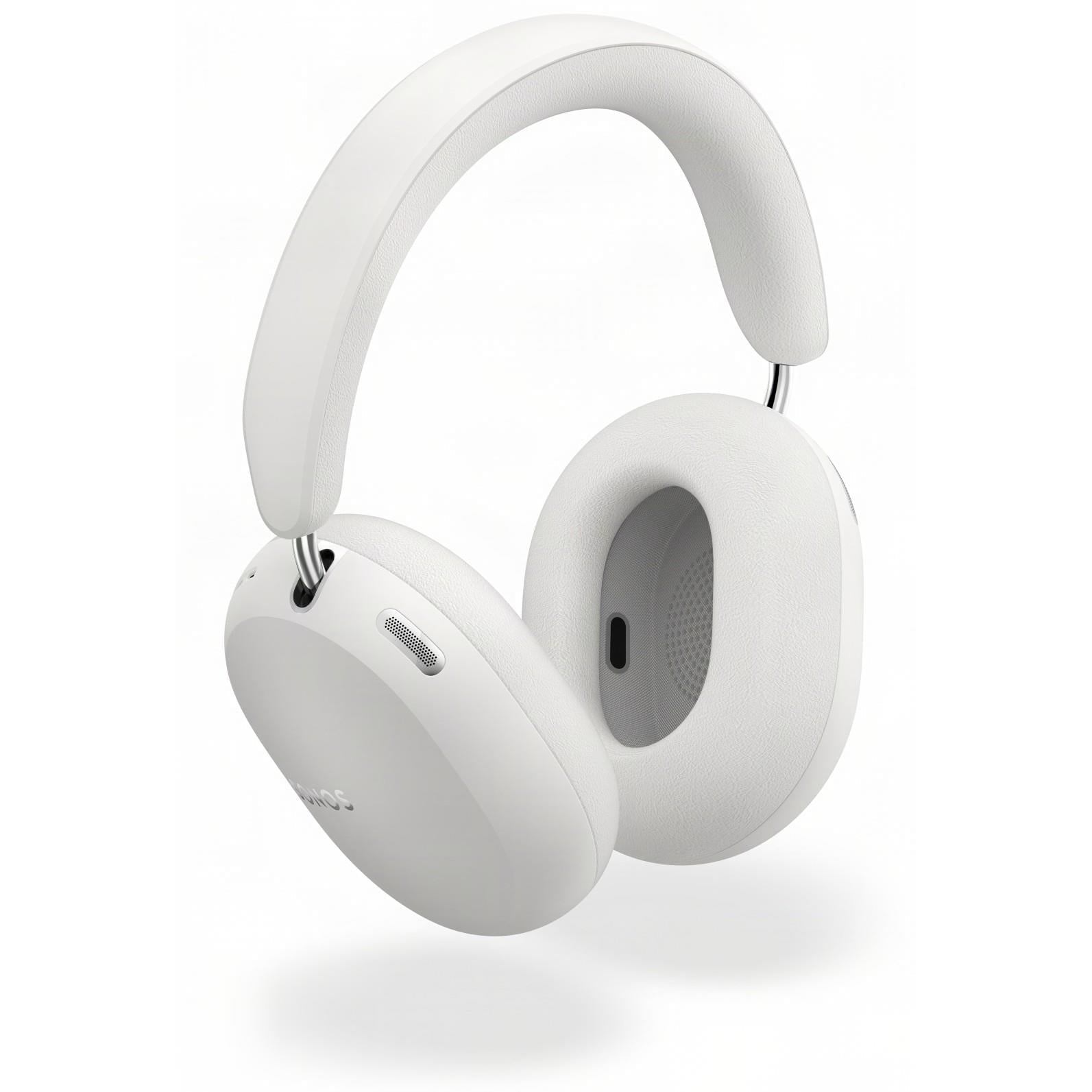 White over-ear headphones showing outer ear cup controls and port openings