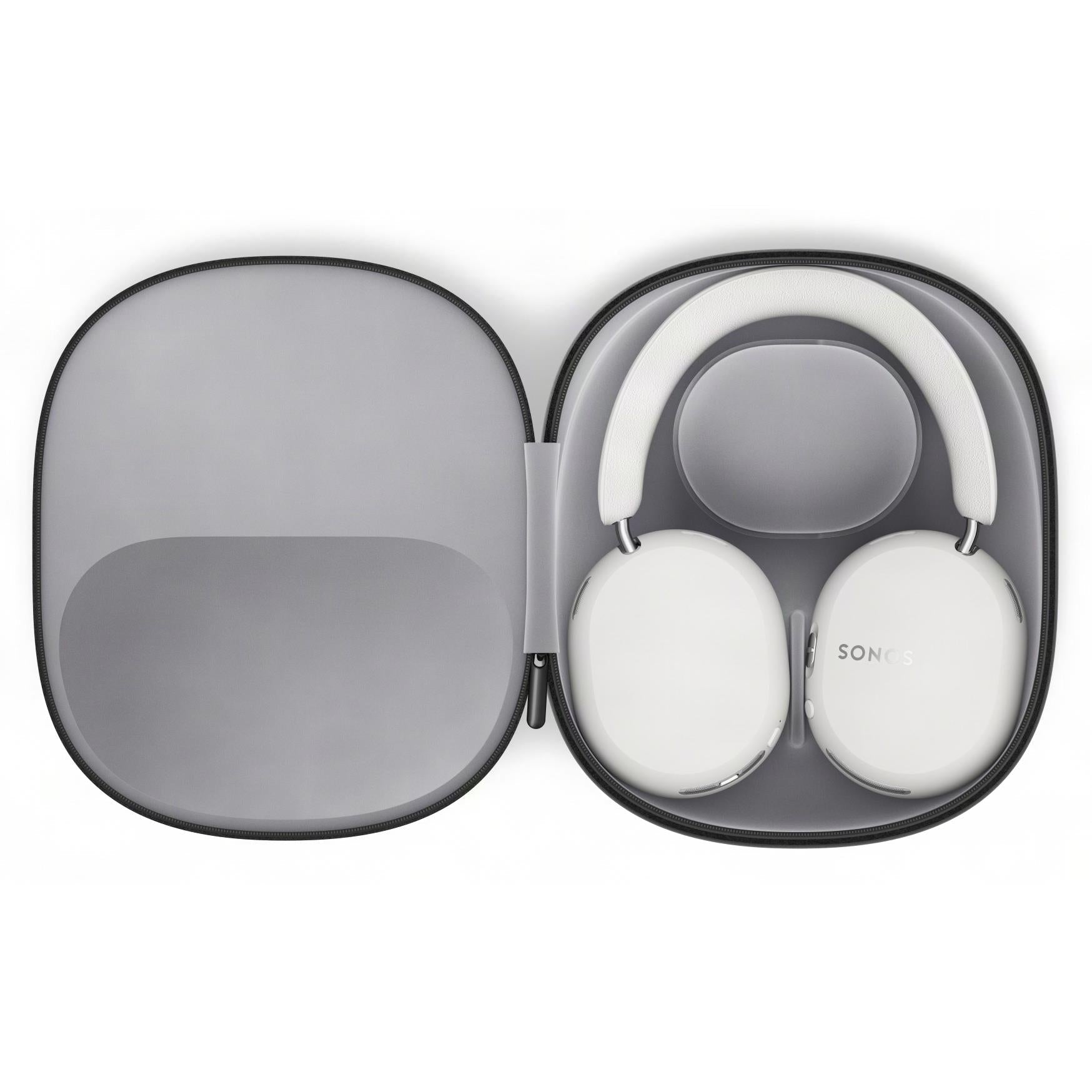 White over-ear headphones in a black hard case with padded ear cups