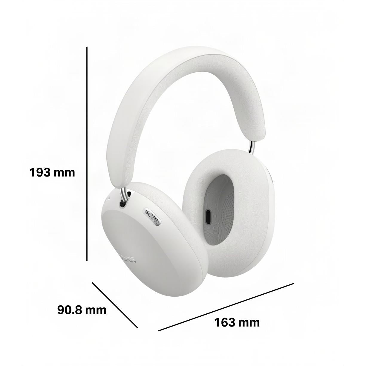 White over-ear headphones with headband and ear cups, size dimensions shown
