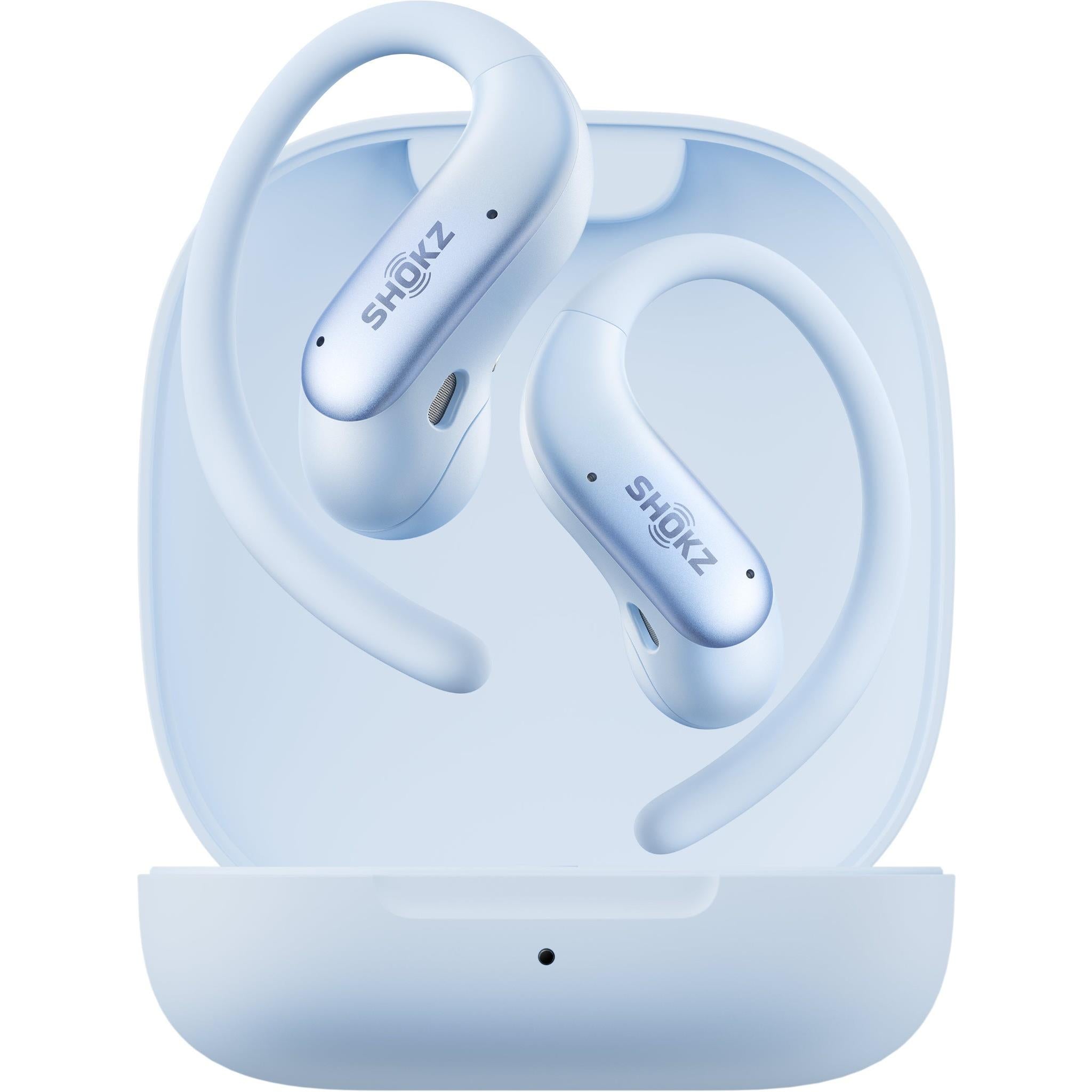 Shokz OpenFit Air 2 open-ear earbuds in ice blue, image 2 - Open-Ear Headphones at Tech Supply Shed NZ