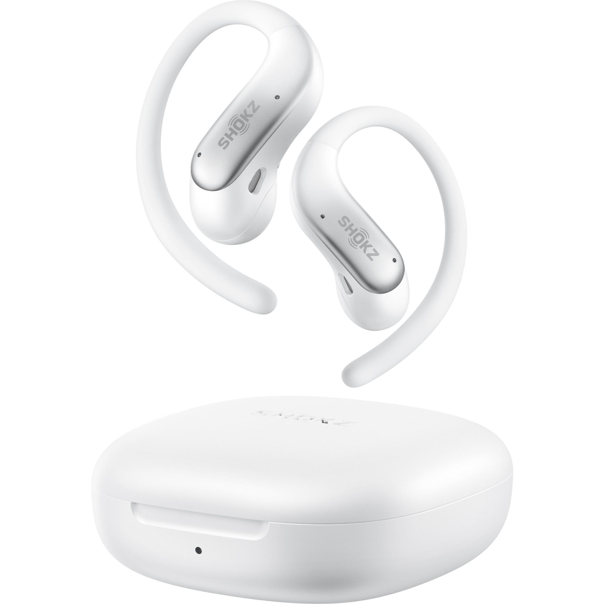 White open-ear wireless headphones, sport band style, two earbuds with curved frames