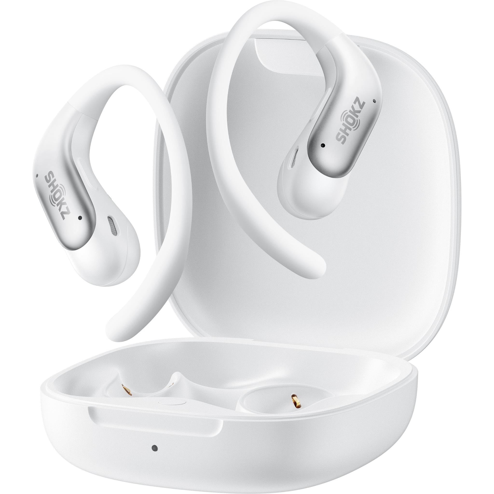 White open-ear wireless headphones with charging case open, earbuds resting inside