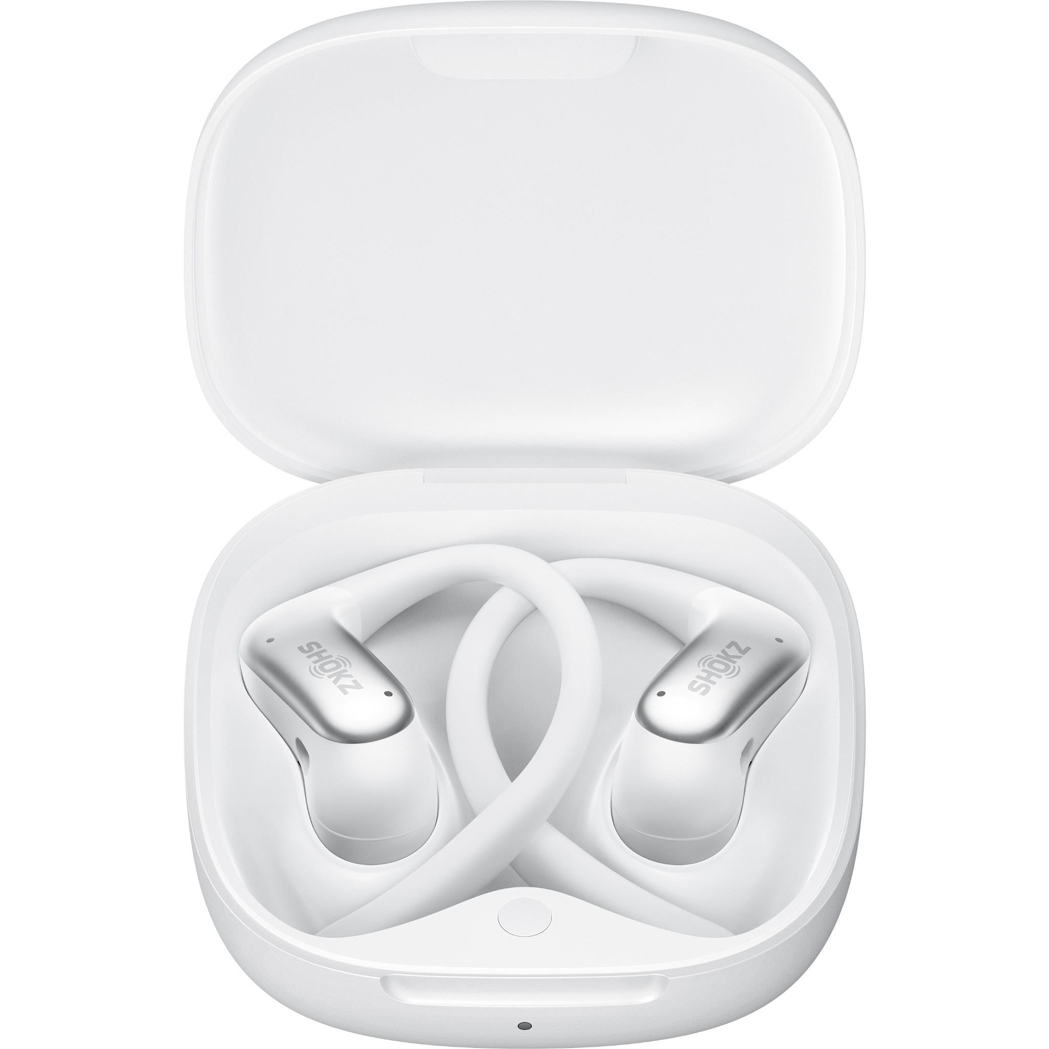 White wireless open-ear headphones in open charging case, curved ear hooks visible