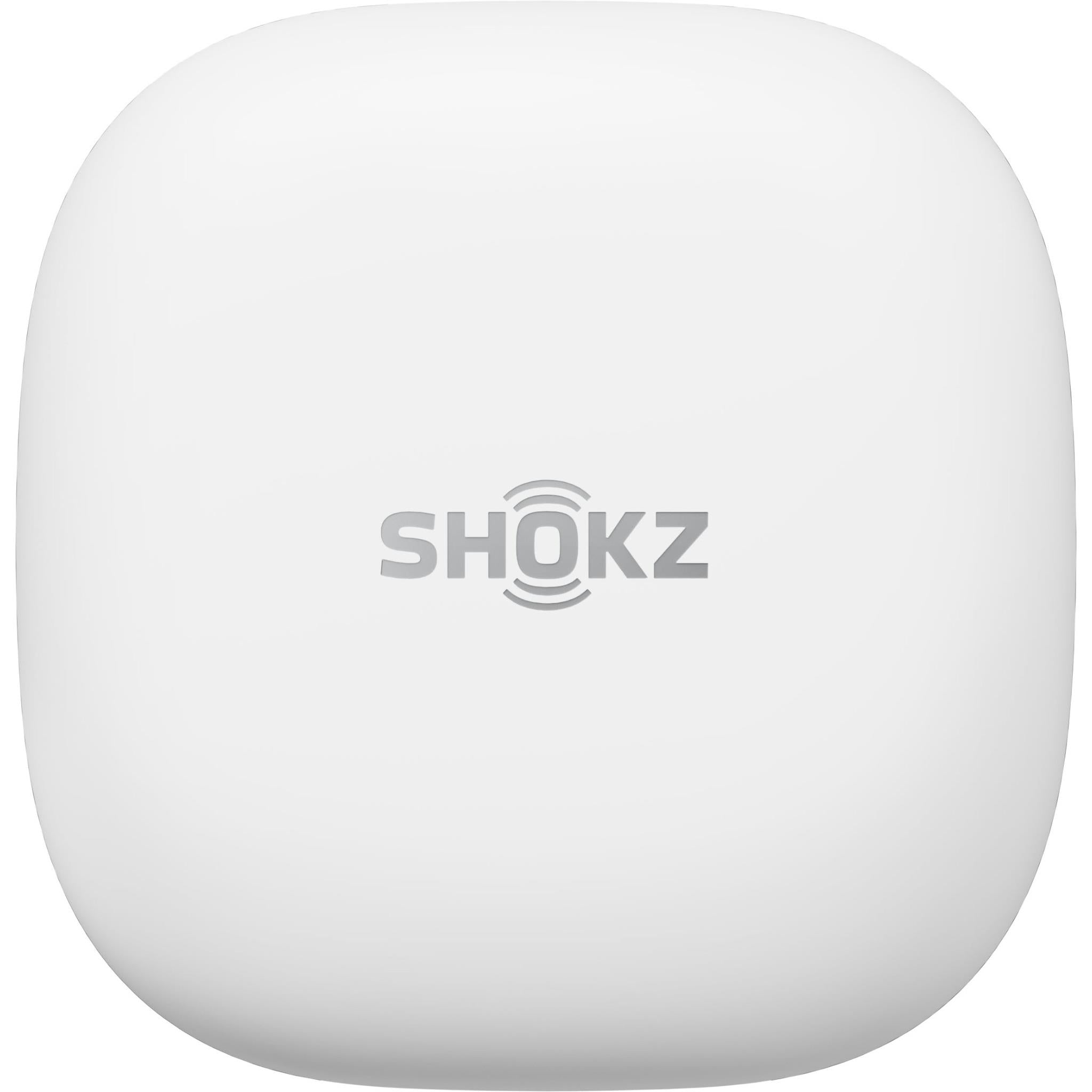 White wireless headphone charging case with SHOKZ logo on the front