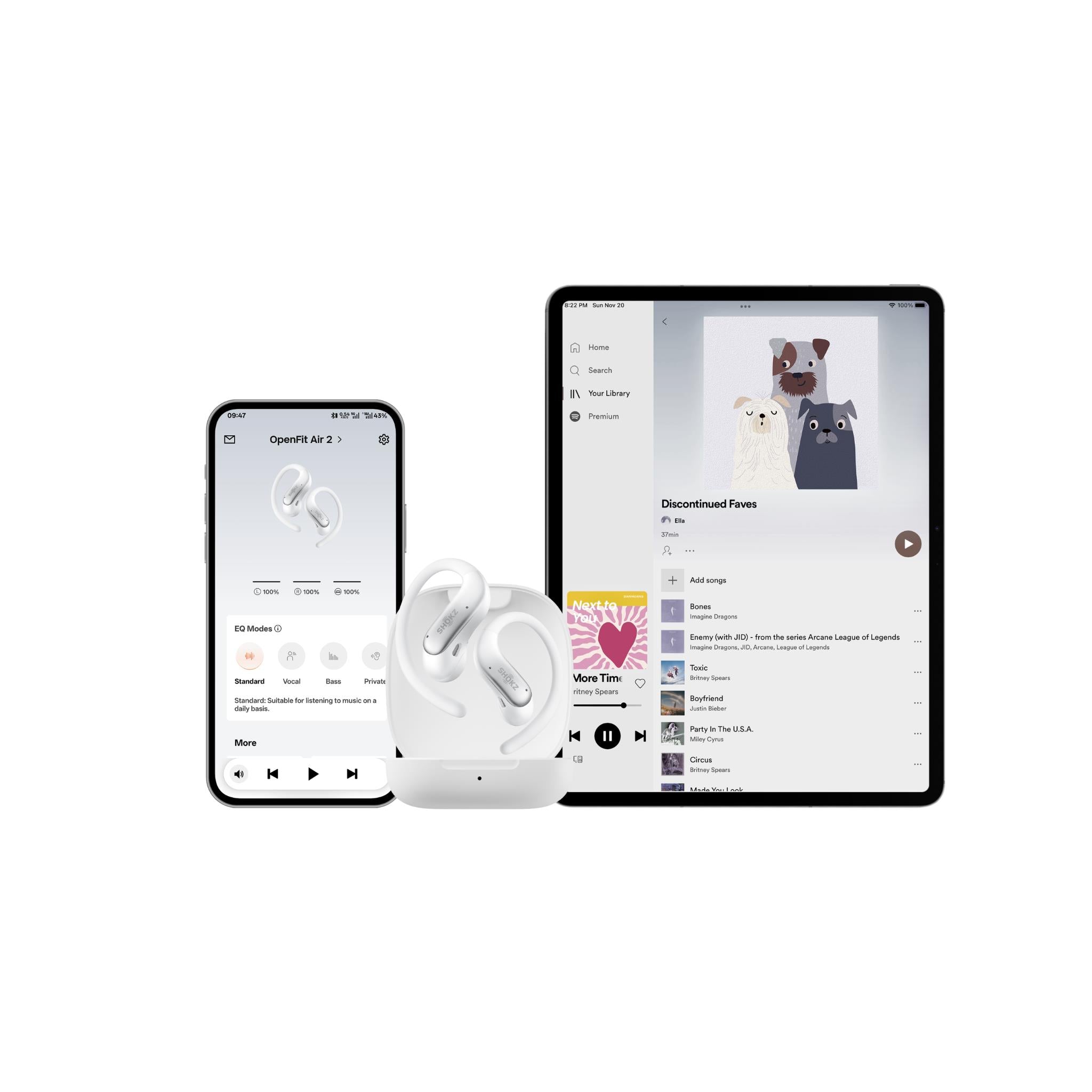 White open-ear wireless headphones shown with smartphone and tablet screens