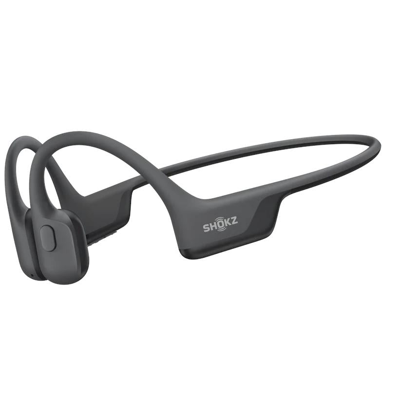 Black open-ear headphones with curved headband and left ear module with button