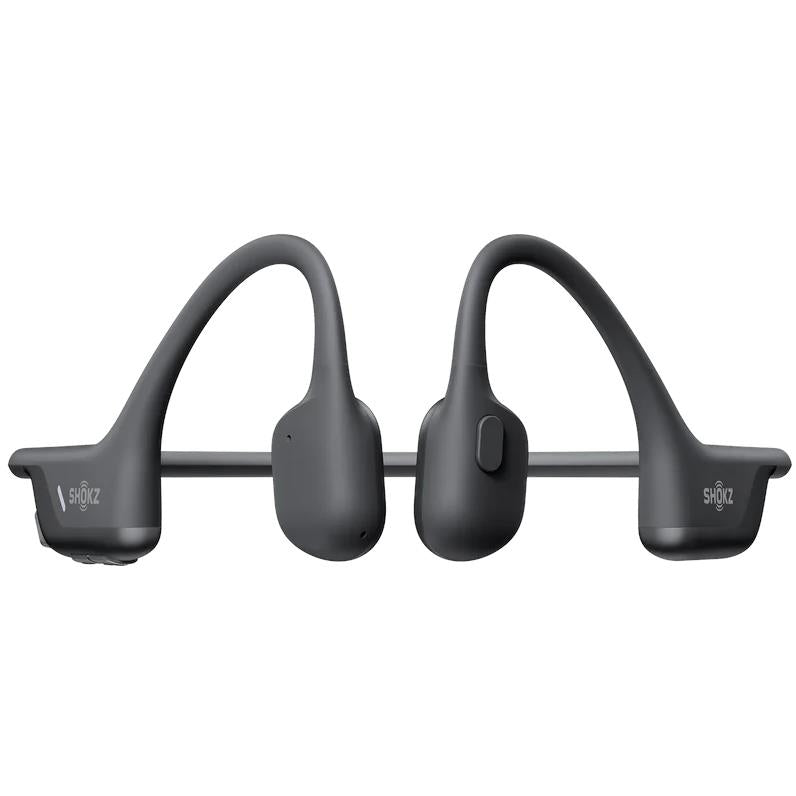 Black open-ear headphones with slim ear hooks and central audio housing