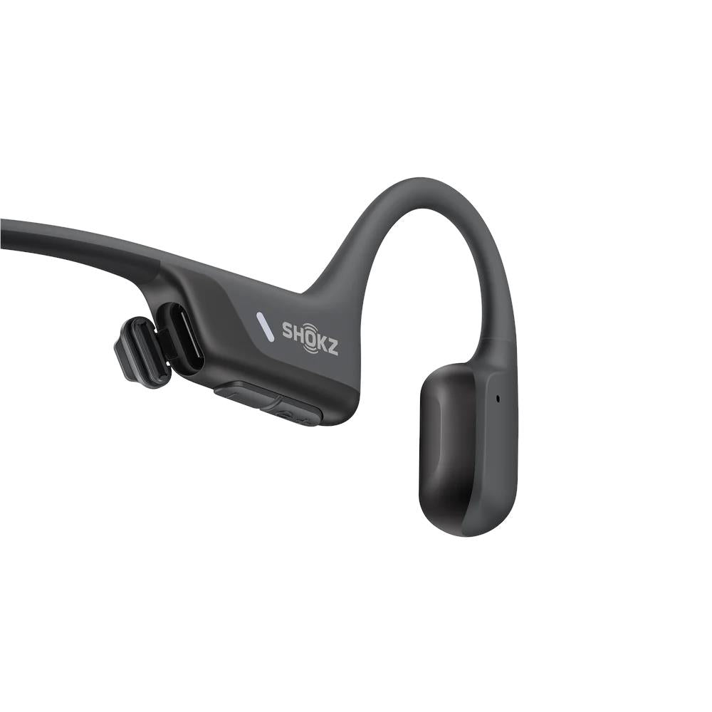 Black open-ear headphones with side control module and curved ear hook