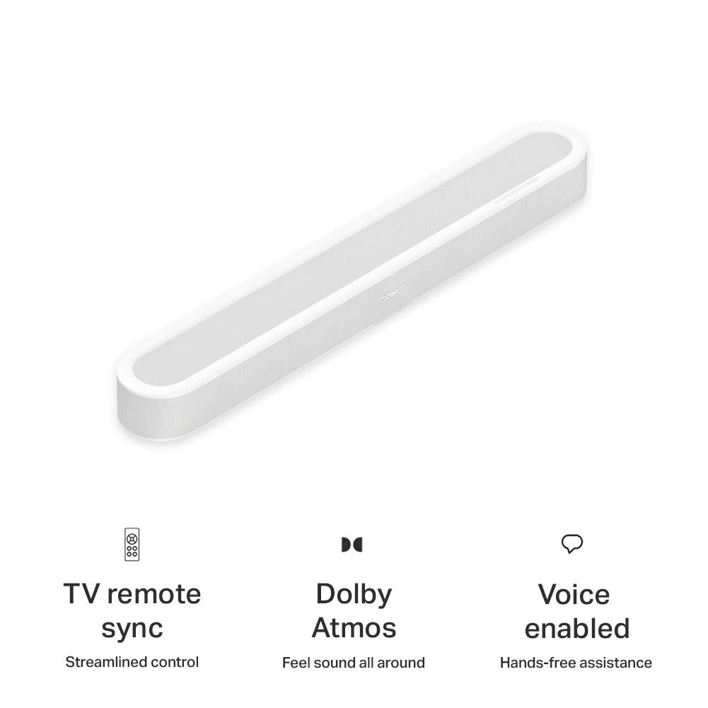 White Sonos Beam Ultra soundbar in angled view with top speaker bar