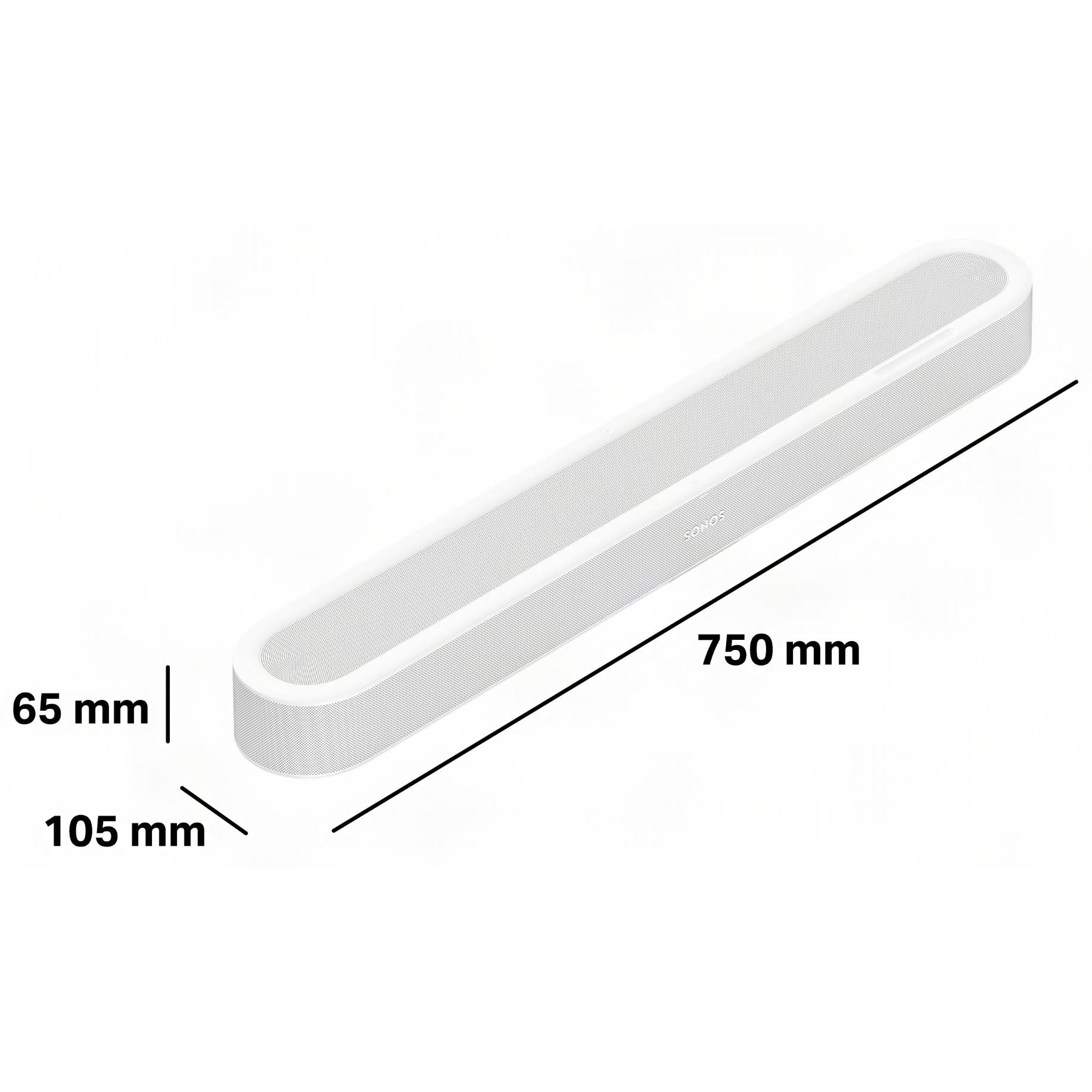 White Sonos Beam Ultra soundbar with 65 mm and 750 mm dimensions shown