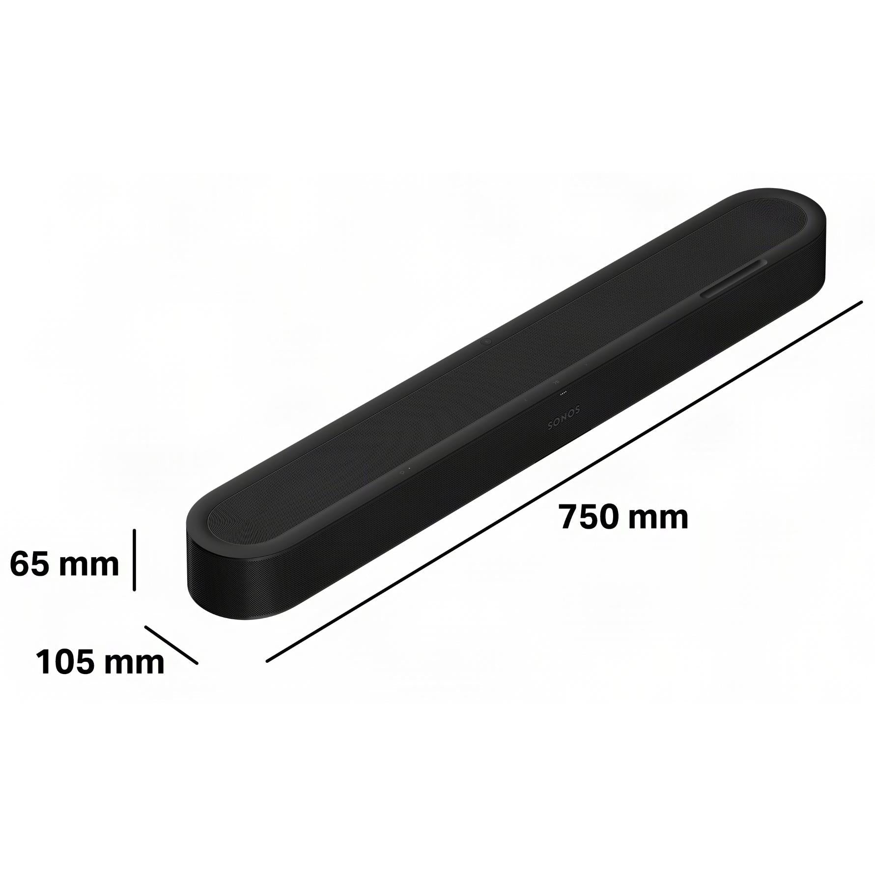 Black Sonos Beam Ultra soundbar size dimensions 65mm, 105mm, 750mm