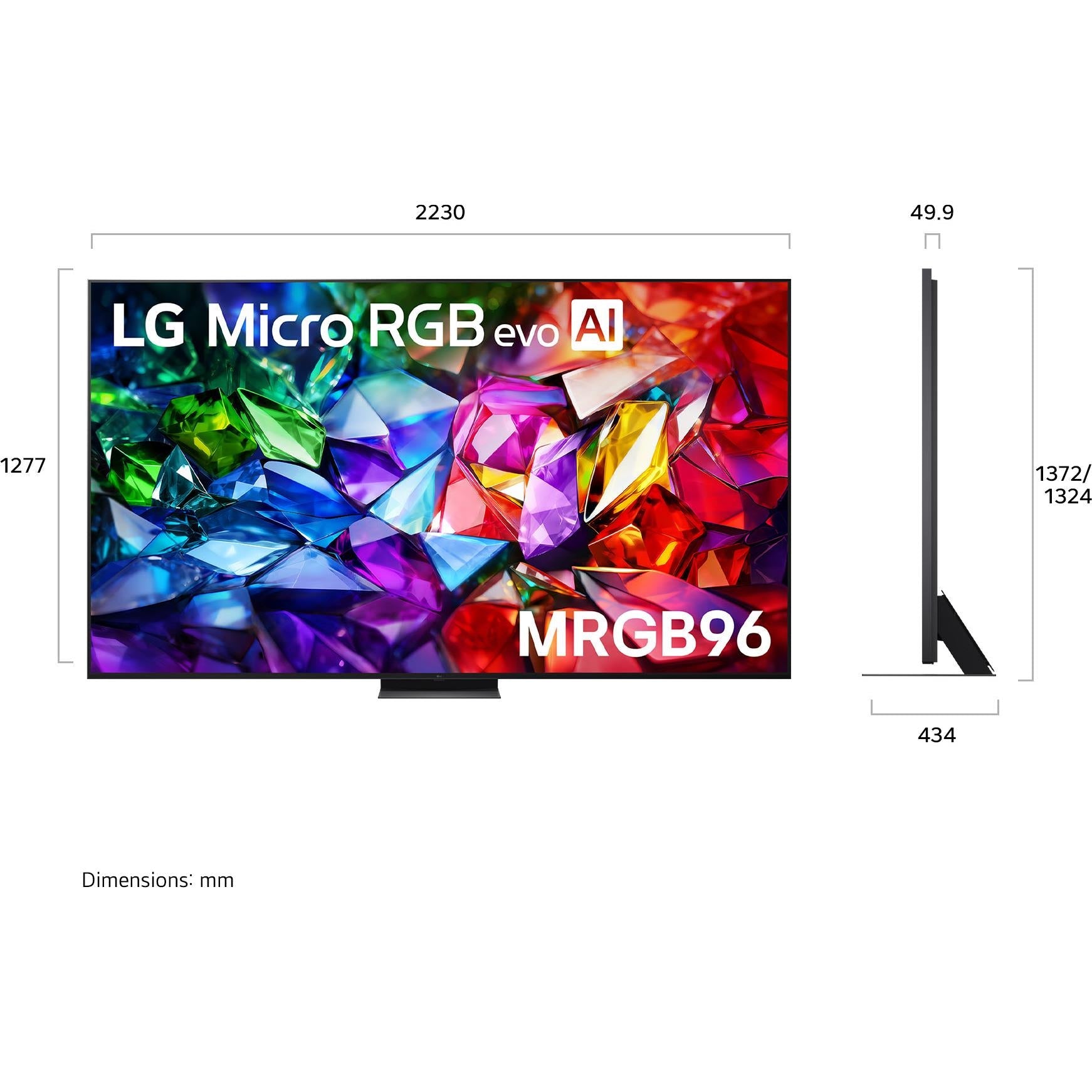 LG 100-inch Micro RGB evo AI smart TV dimension diagram with side profile