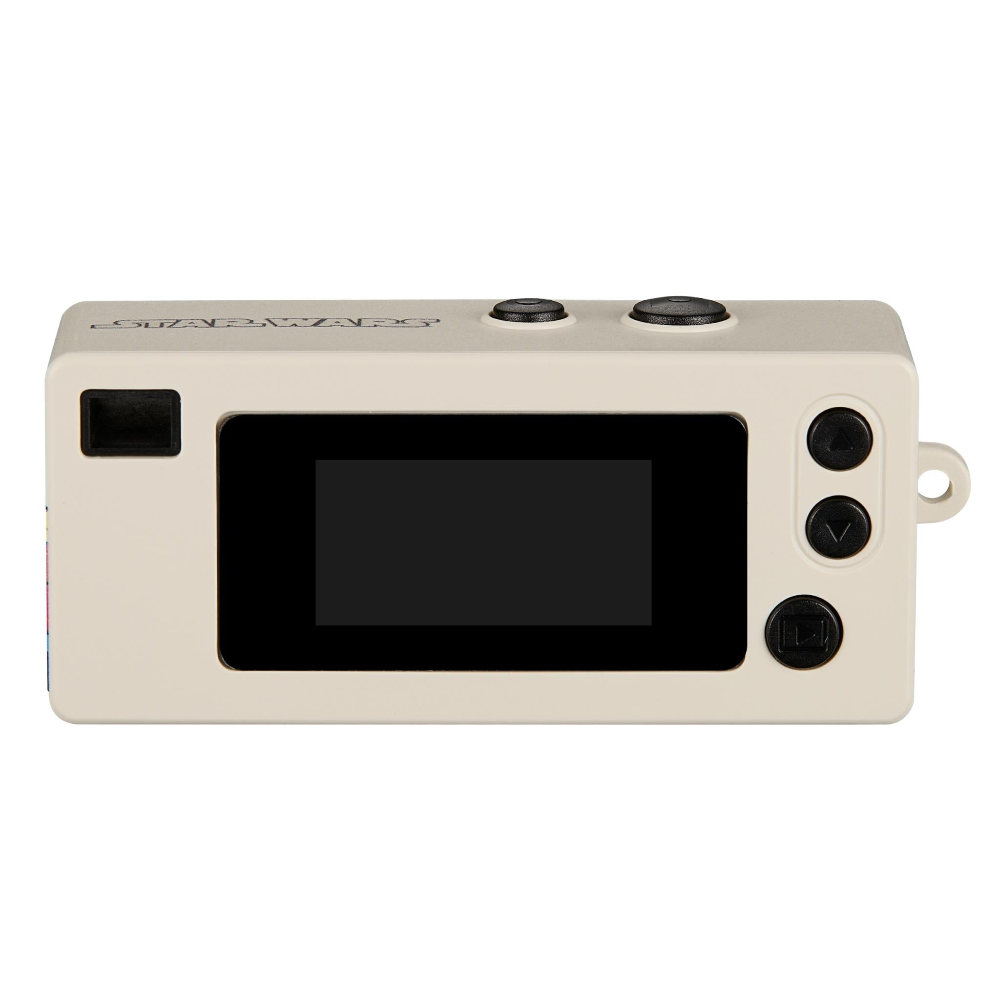 Beige keyring camera with black screen and side buttons, retro design accents