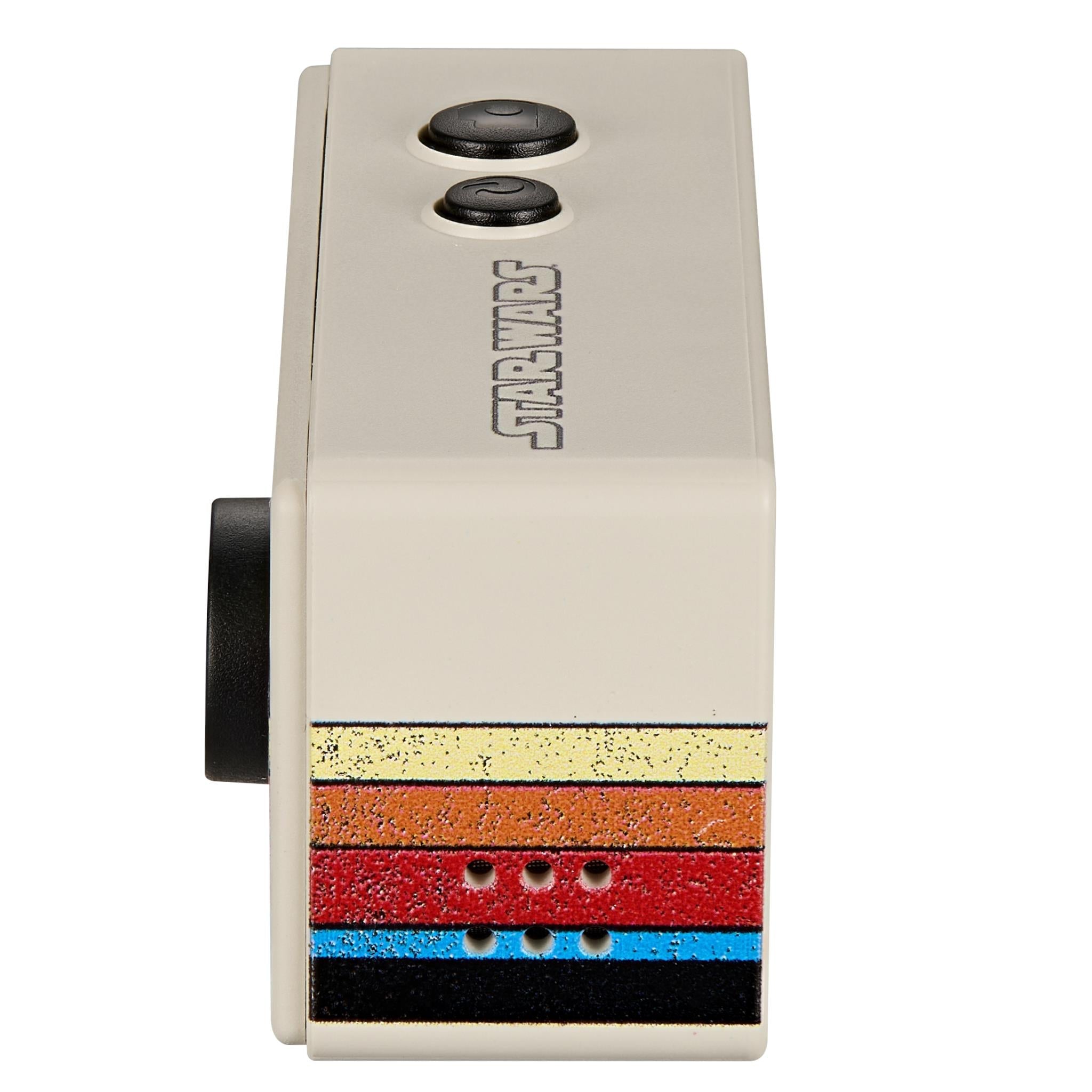 Beige keyring camera back with two top buttons and multicolor retro stripe panel