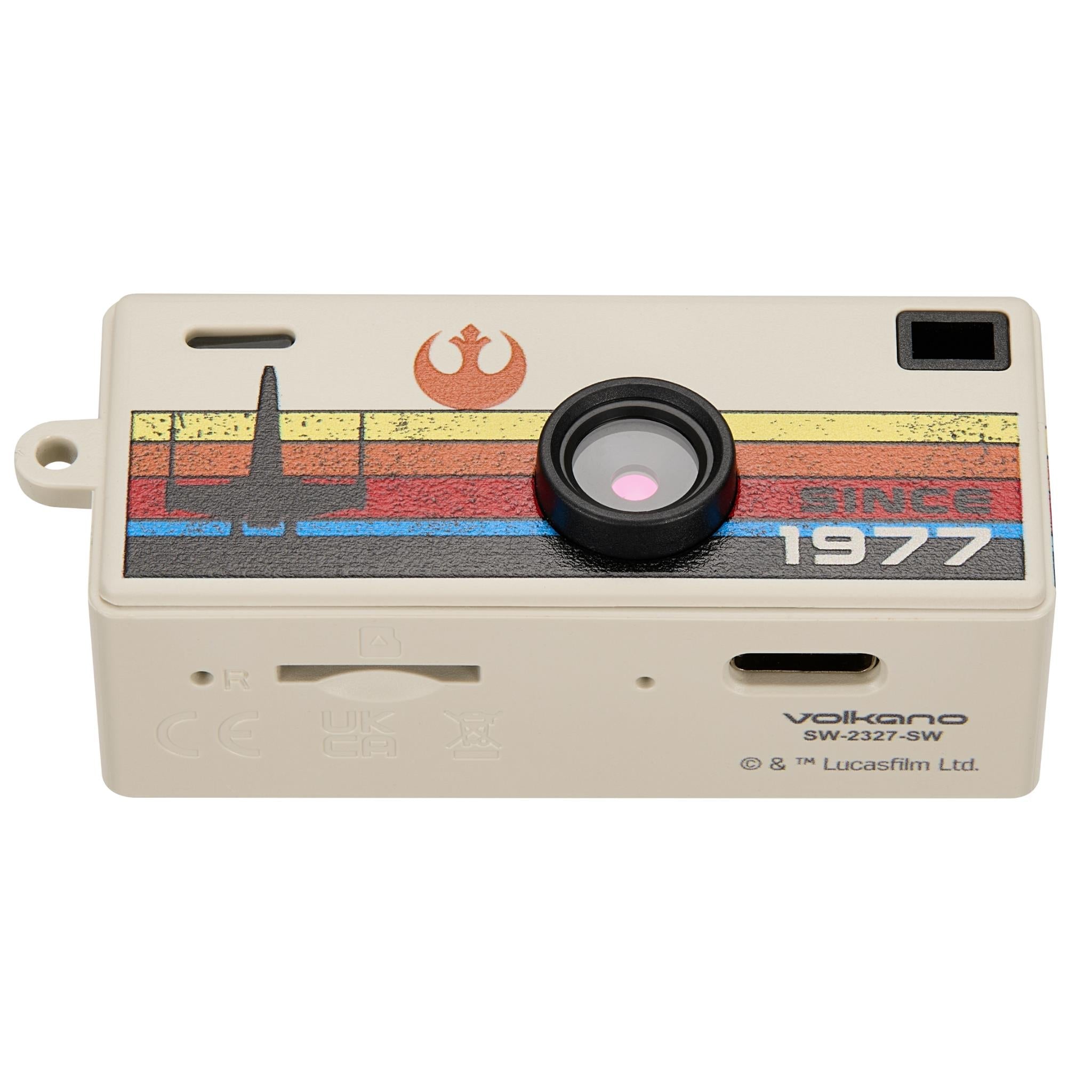 Beige keyring camera front with round lens, retro stripe panel, and port cutouts
