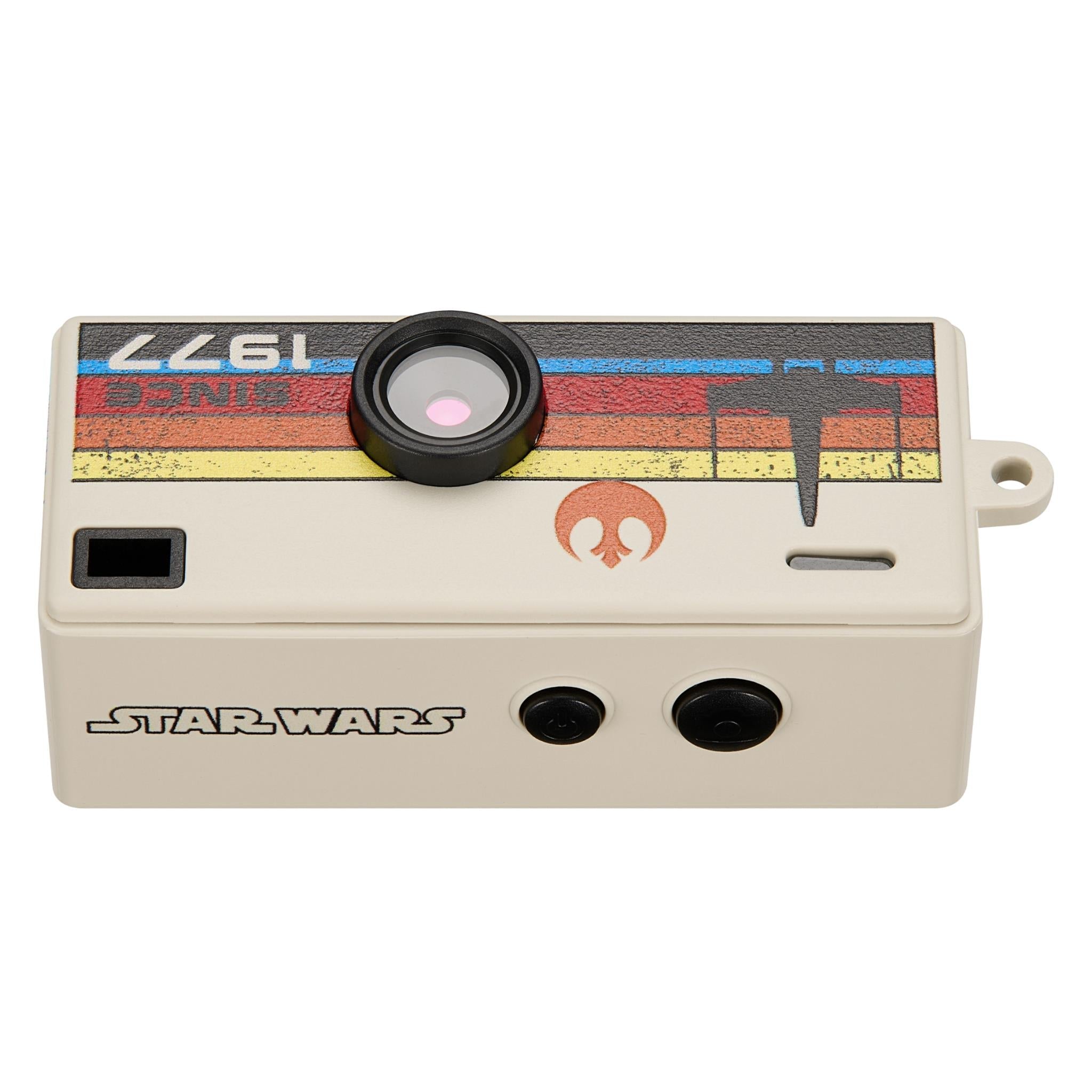Beige keyring camera front close-up with round lens and “STAR WARS” panel