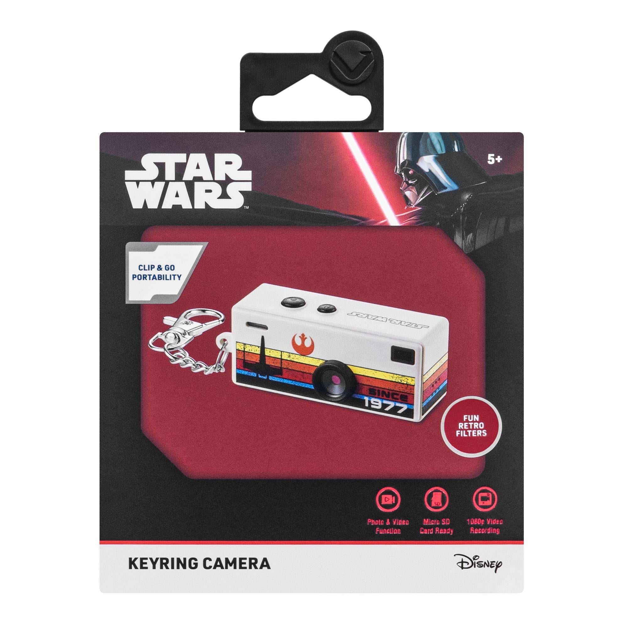 Star Wars keyring camera blister pack showing beige camera with retro stripe and lens
