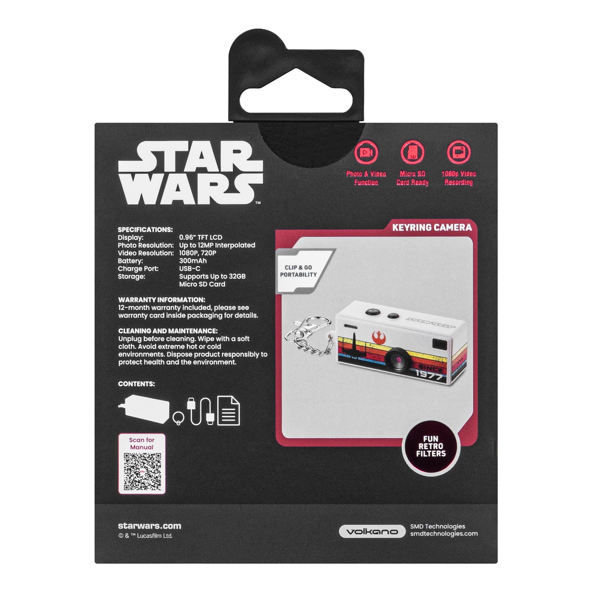 Star Wars keyring camera packaging back with specifications and pictured beige camera