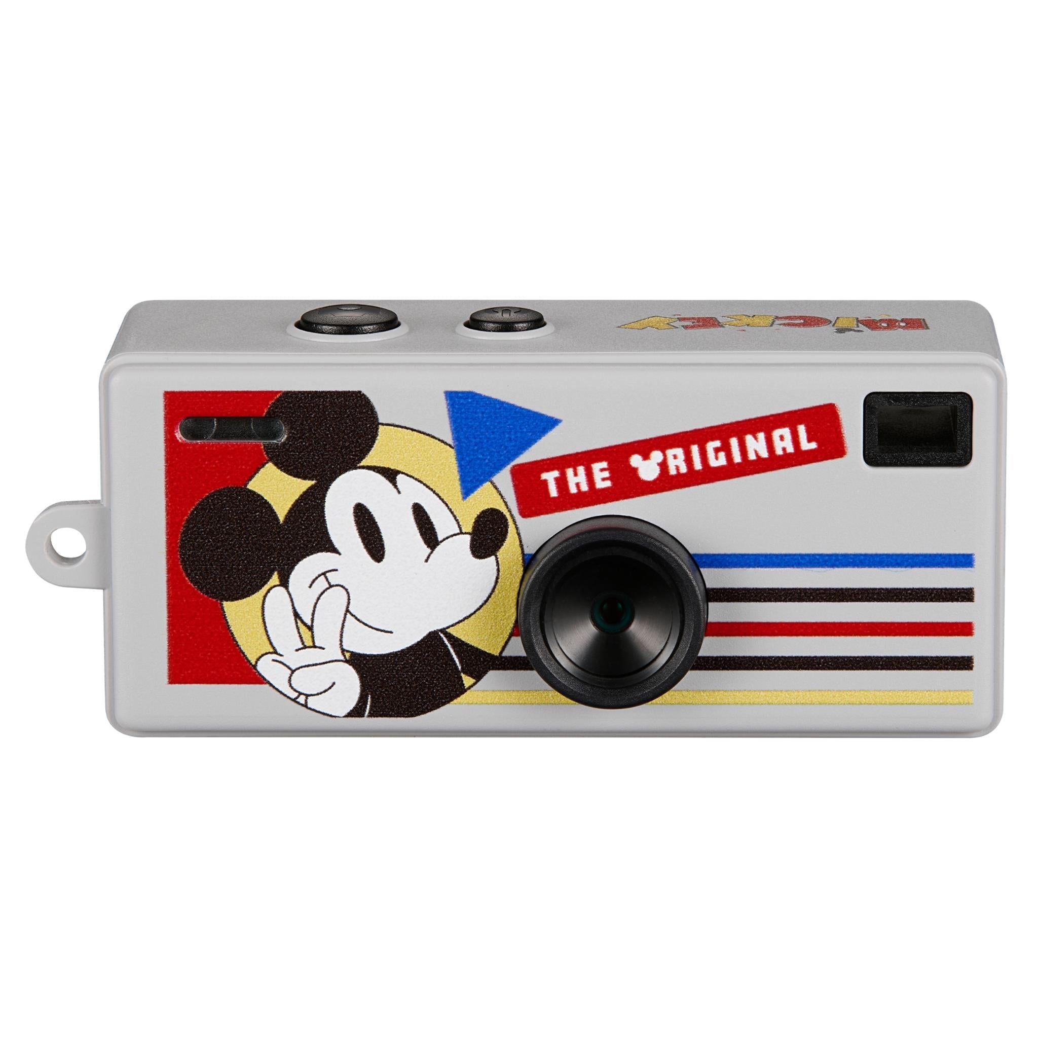 Grey keyring camera with Mickey Mouse graphic, front lens, and top control buttons