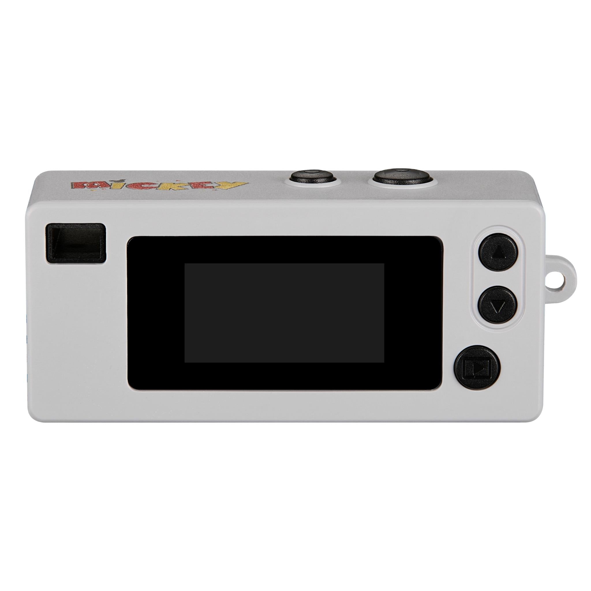 Grey keyring camera back with large screen, ports, and side buttons