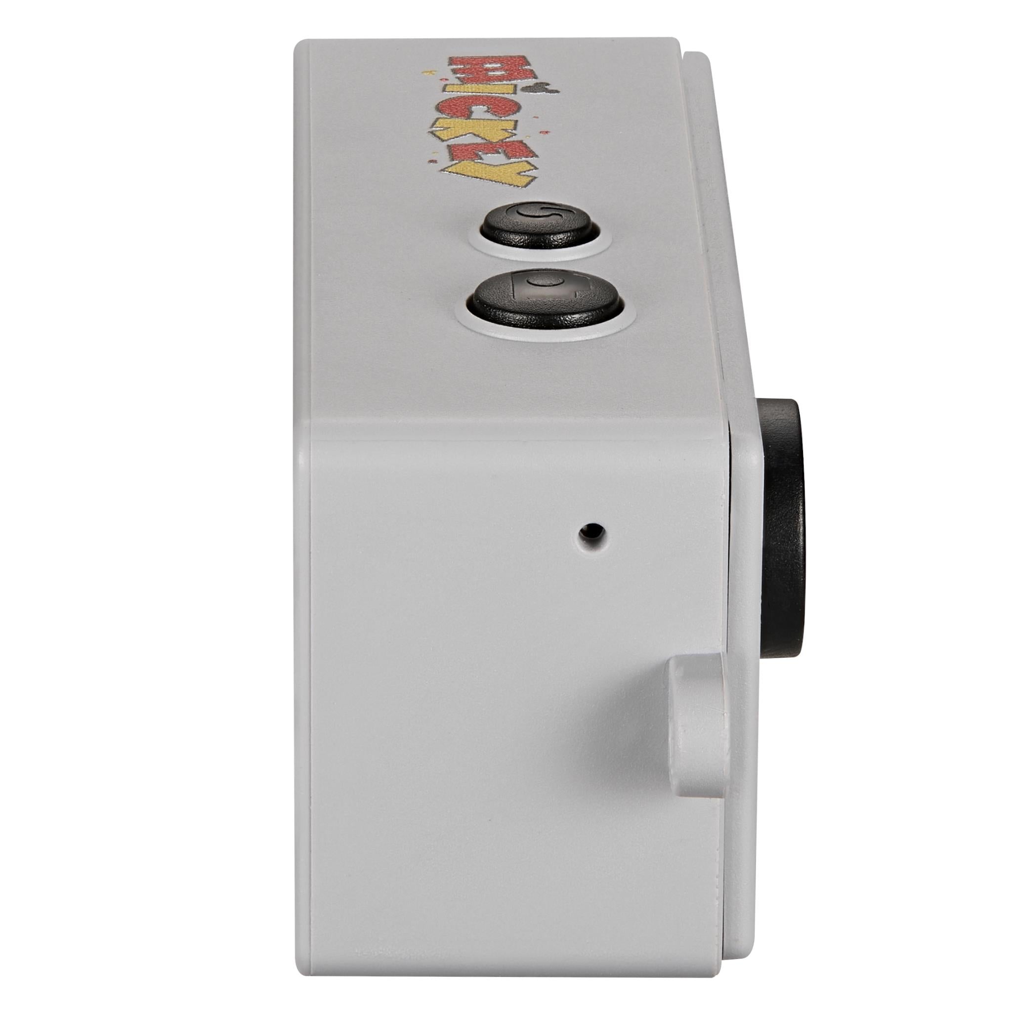 Grey keyring camera side view with two top buttons and side grip