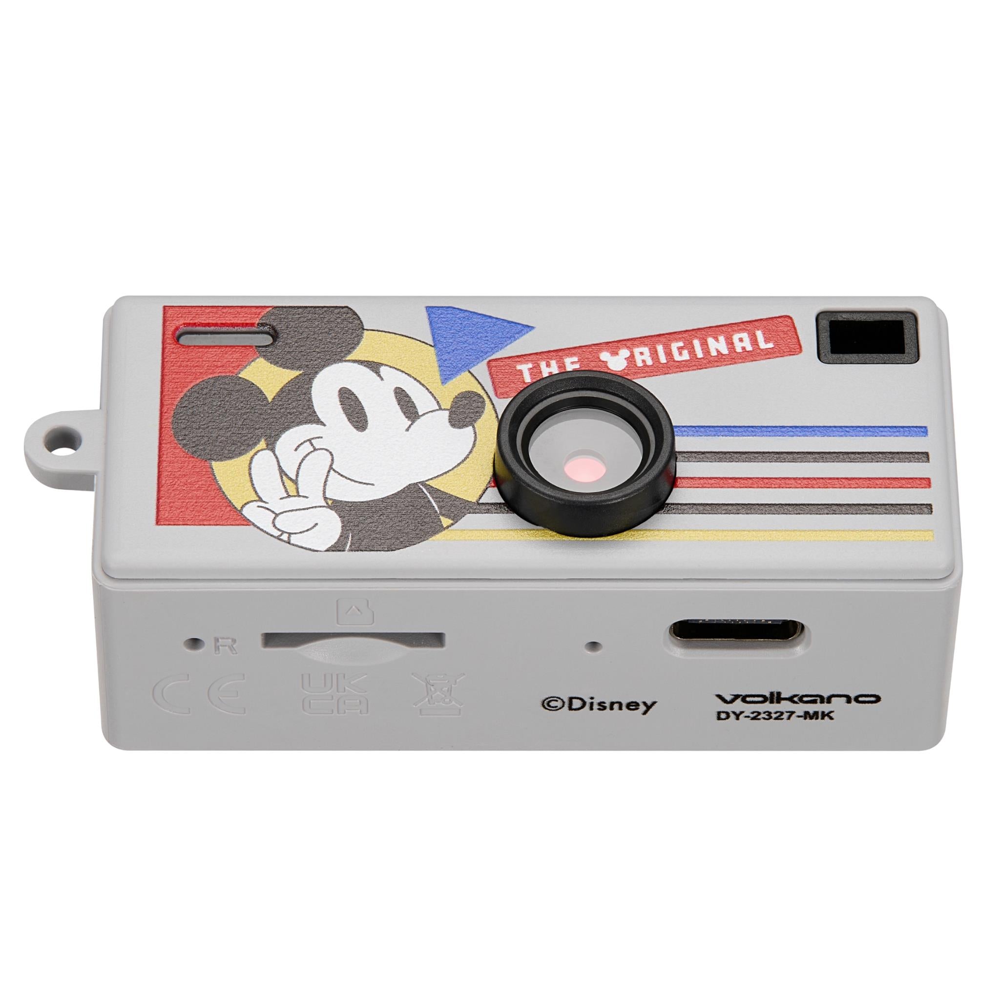 Grey keyring camera front with Mickey graphic, large lens, and stripe detailing