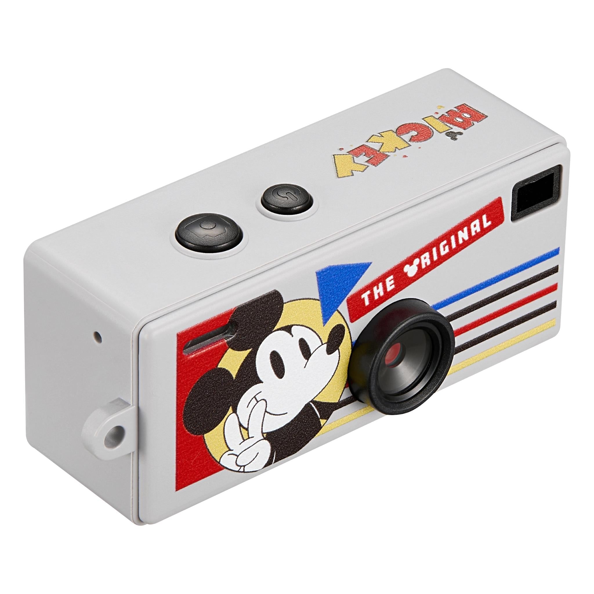 Grey keyring camera with Mickey graphic on side, front lens, and two top buttons