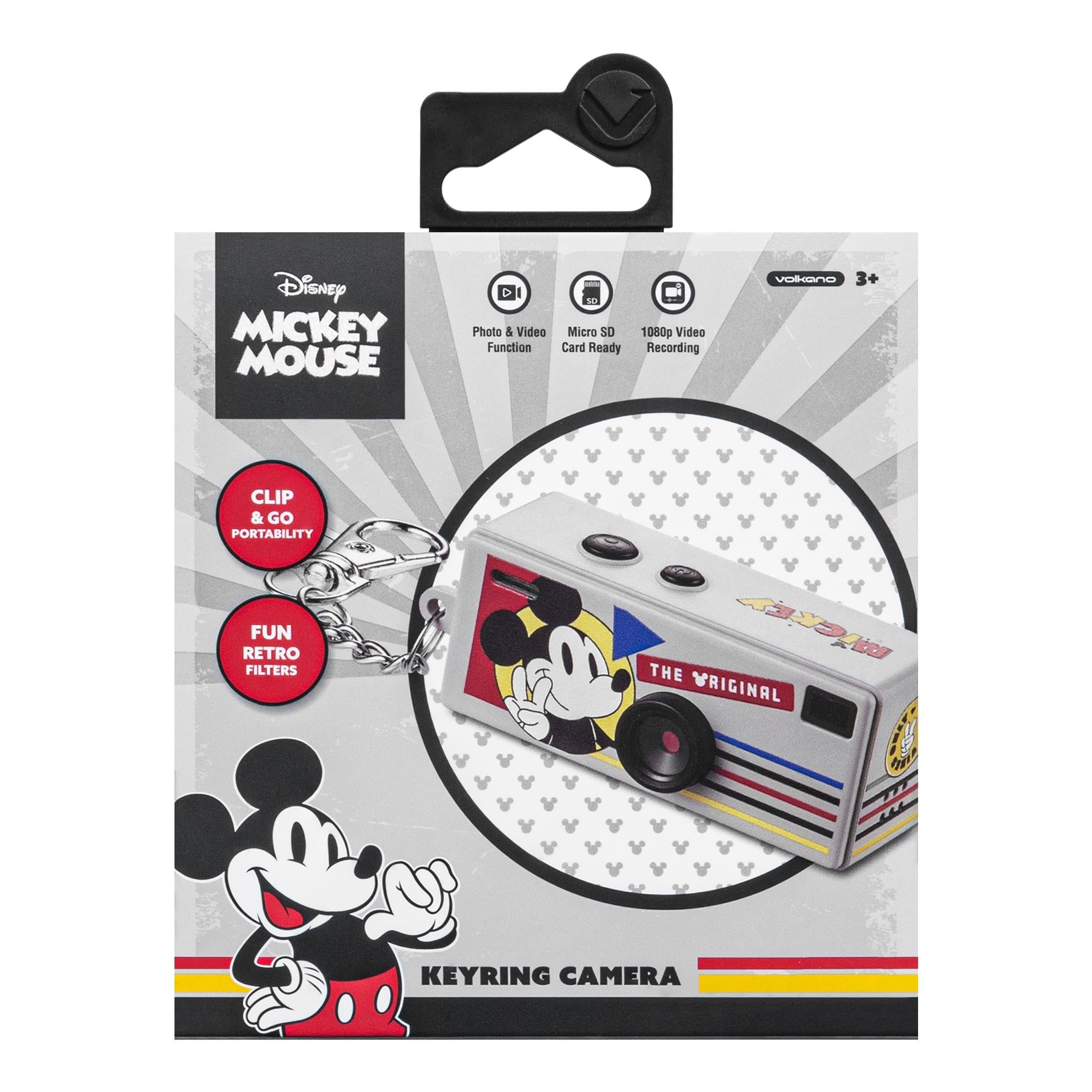 Keyring camera product package with Disney Mickey Mouse artwork and camera preview