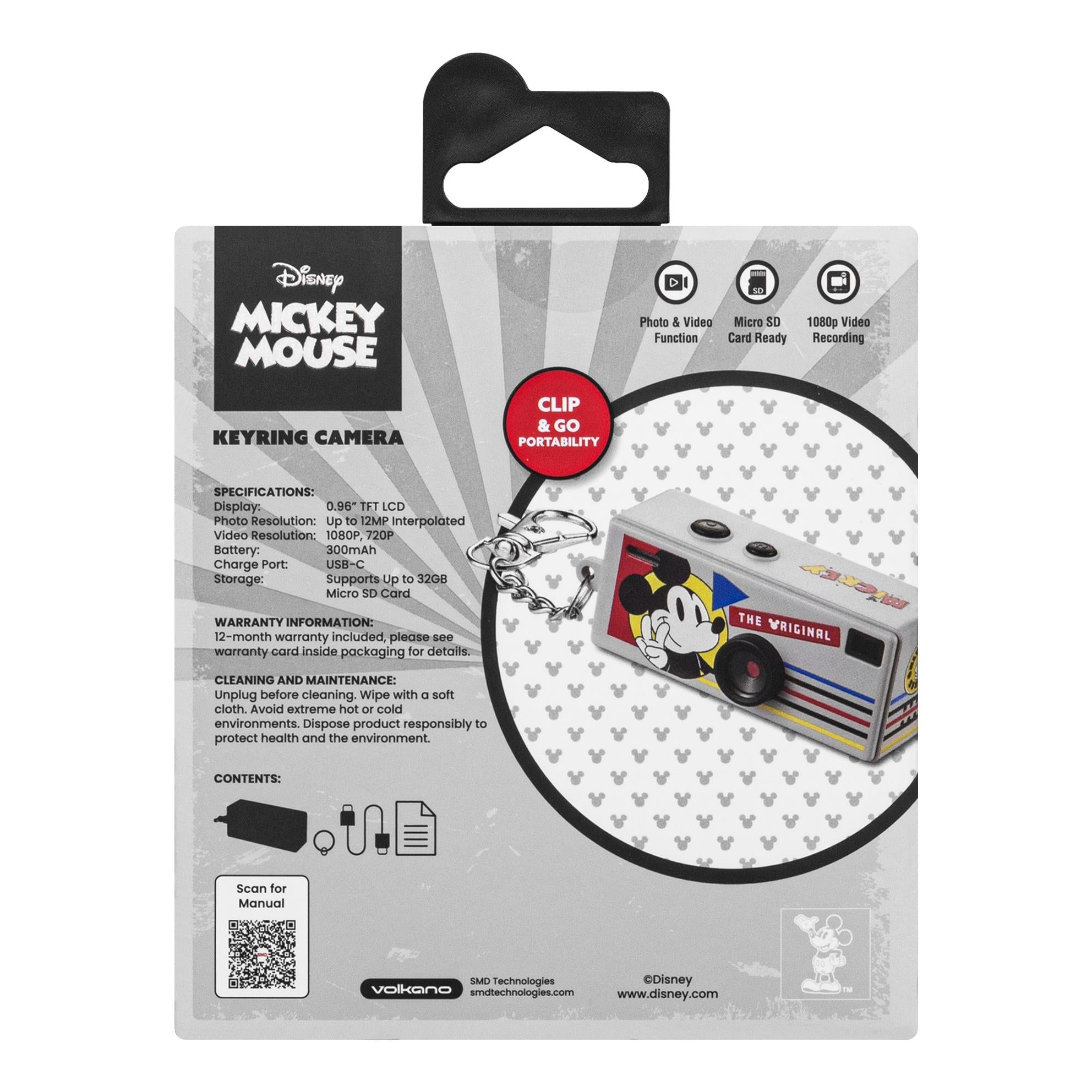 Keyring camera package back with Mickey Mouse artwork and feature/spec text