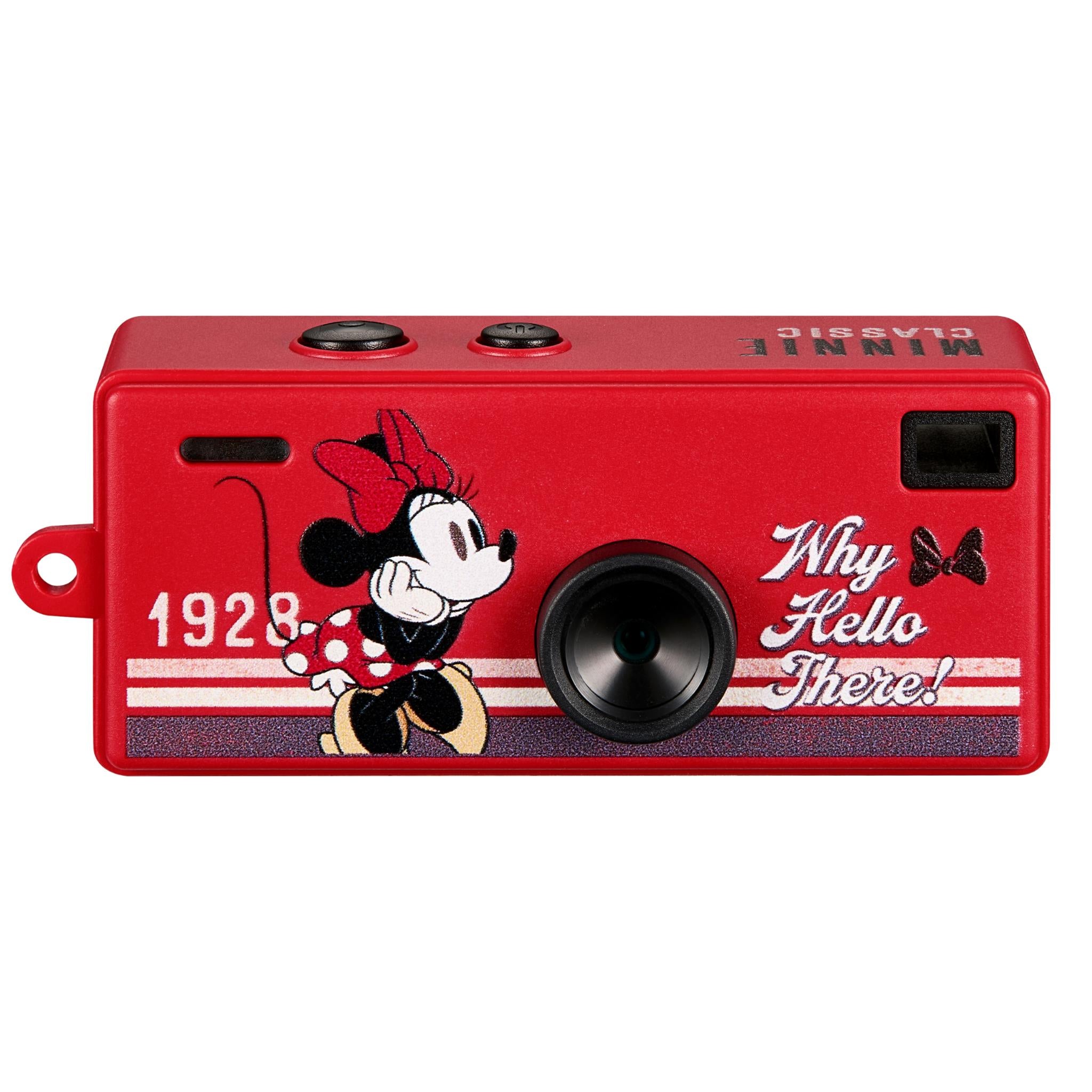 Red Minnie Mouse mini keyring camera with front lens and side button controls