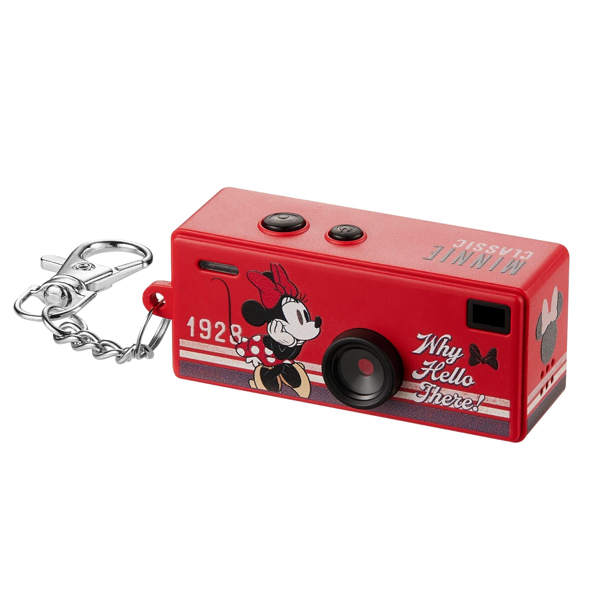 Red Minnie Mouse mini keyring camera, side view with lens and silver key ring