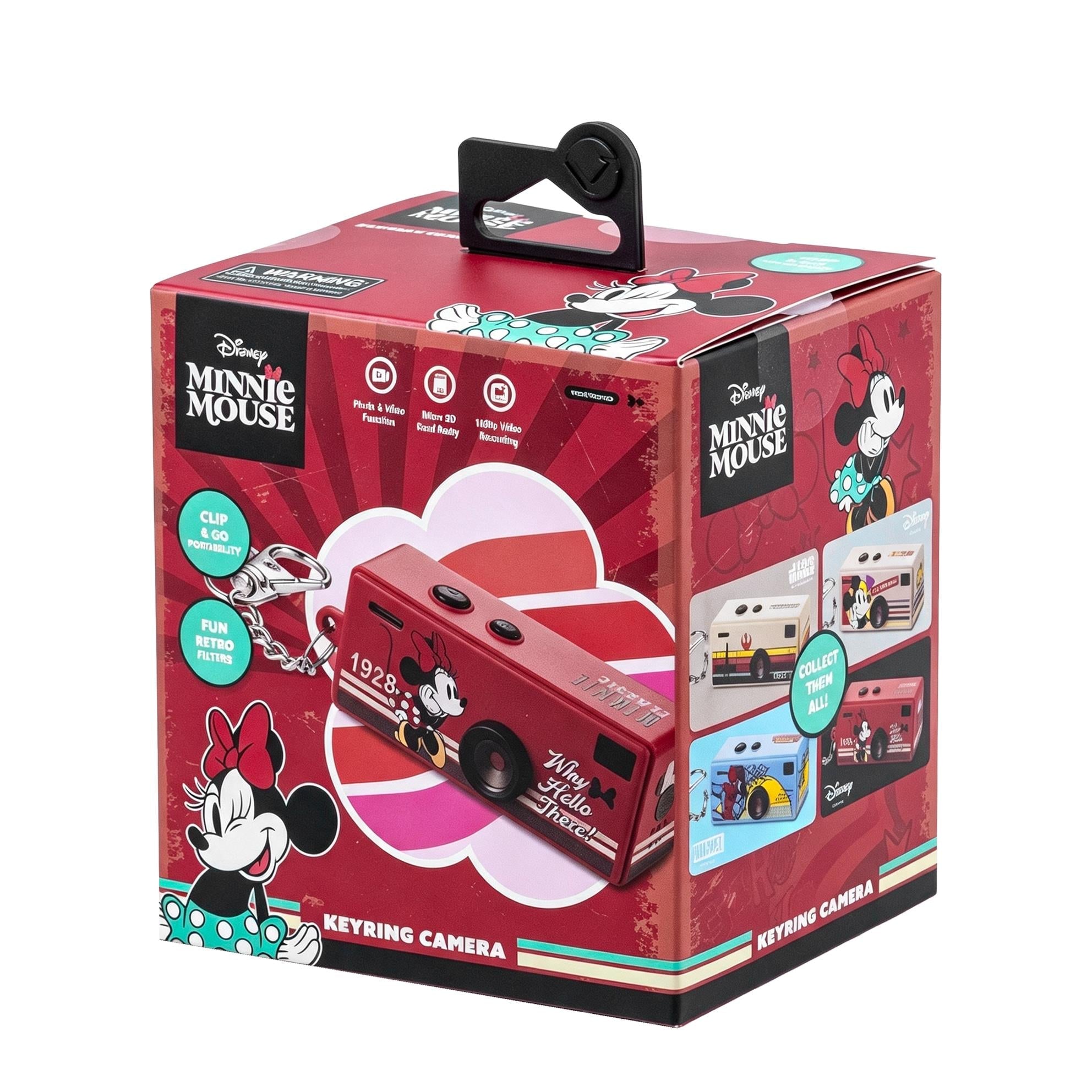 Red Minnie Mouse keyring mini camera, boxed with camera and keychain design