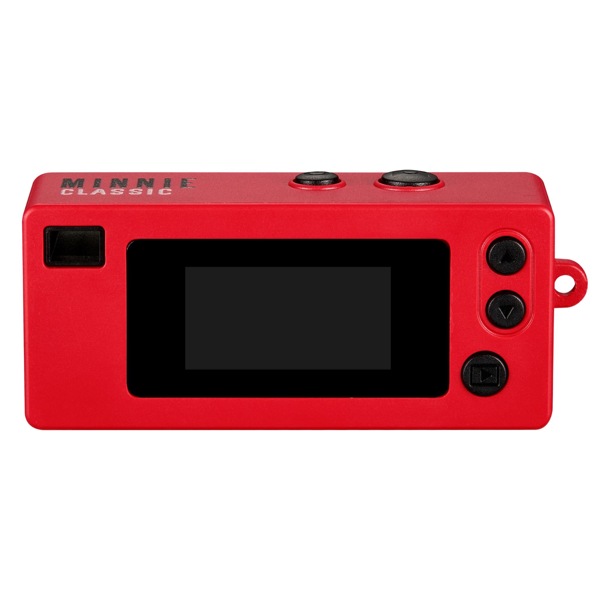 Red Minnie Mouse mini keyring camera front with screen window and top buttons