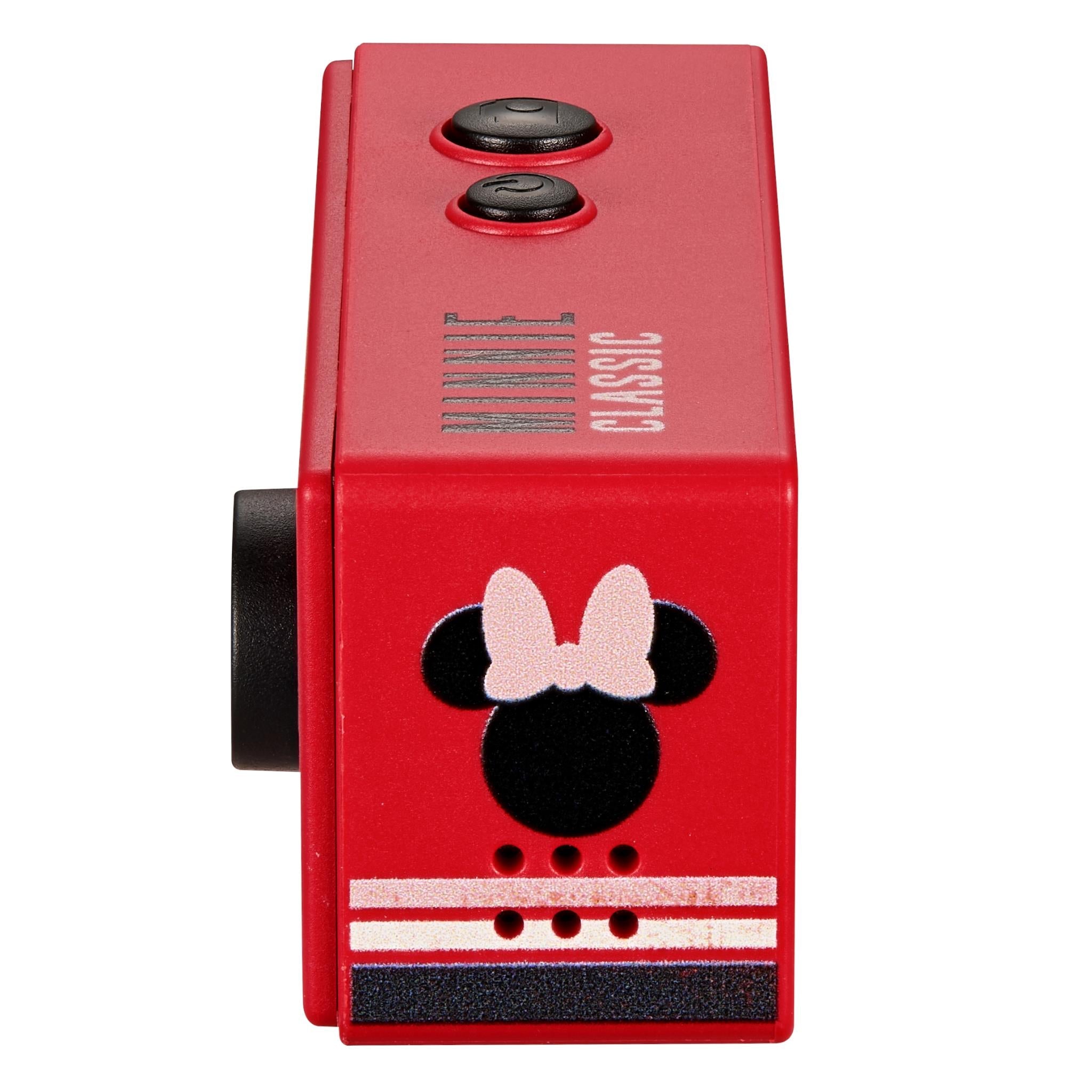 Red Minnie Mouse mini keyring camera back with speaker grille and Minnie face