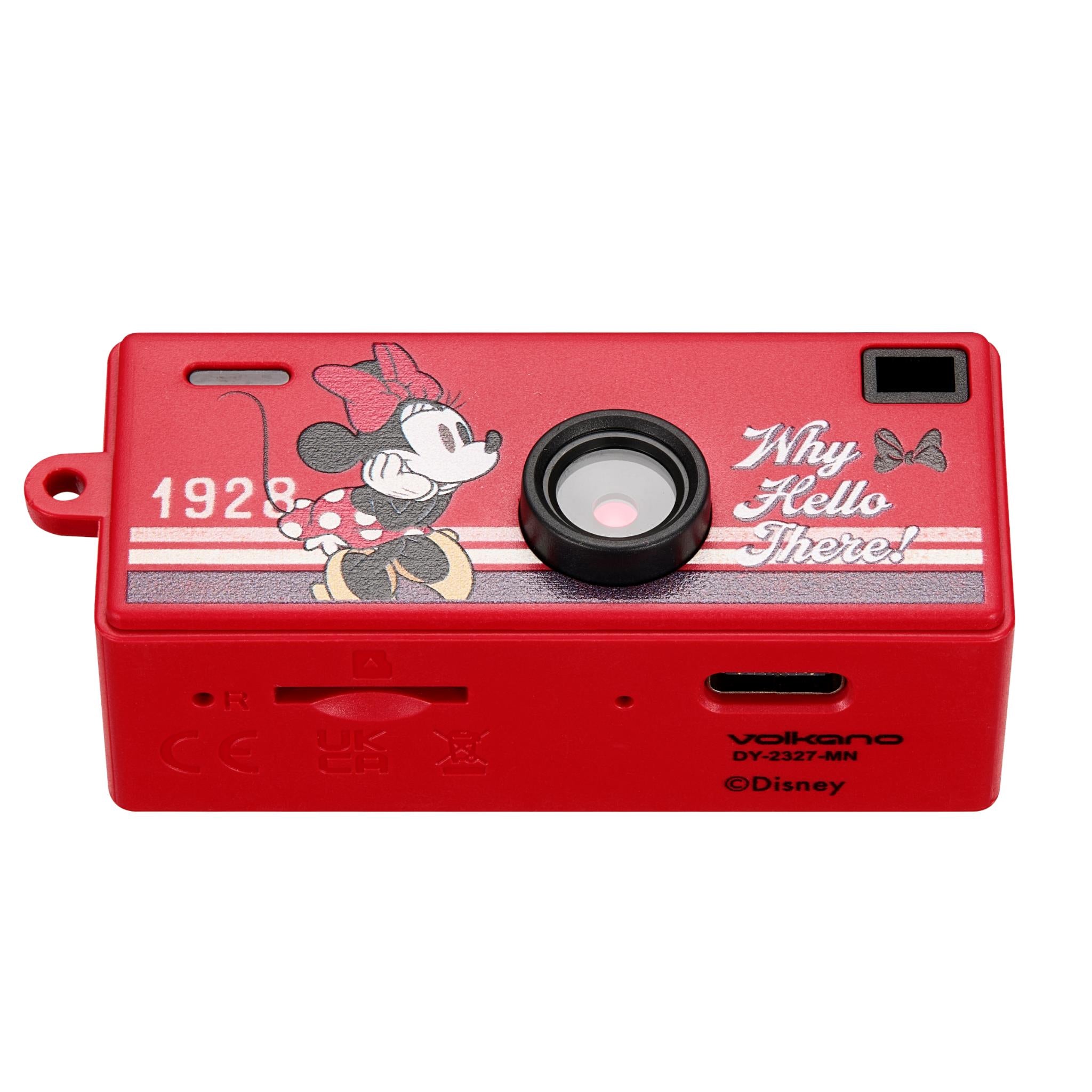 Red Minnie Mouse mini keyring camera back view with lens and 'Why Hello There' text