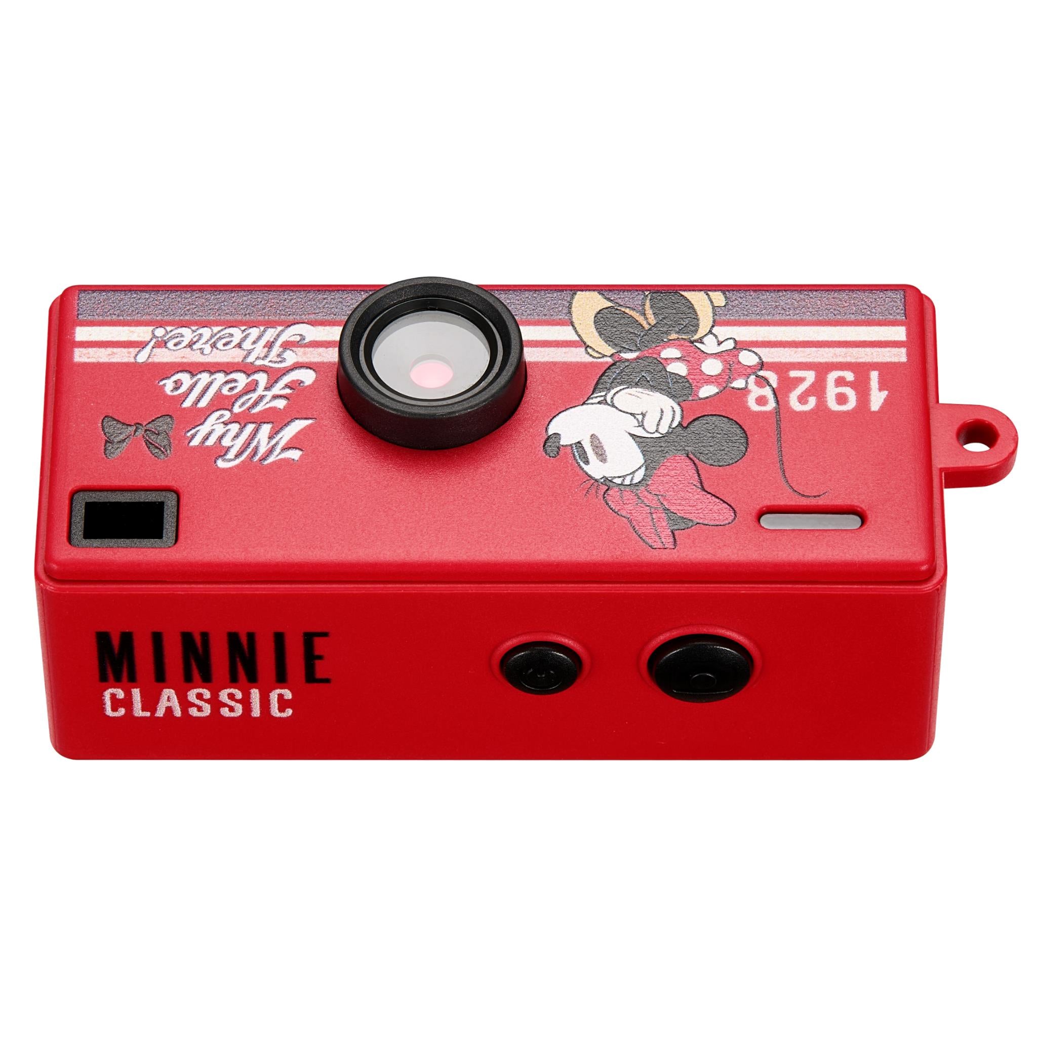 Red Minnie Mouse mini keyring camera back with 'MINNIE CLASSIC' text and lens