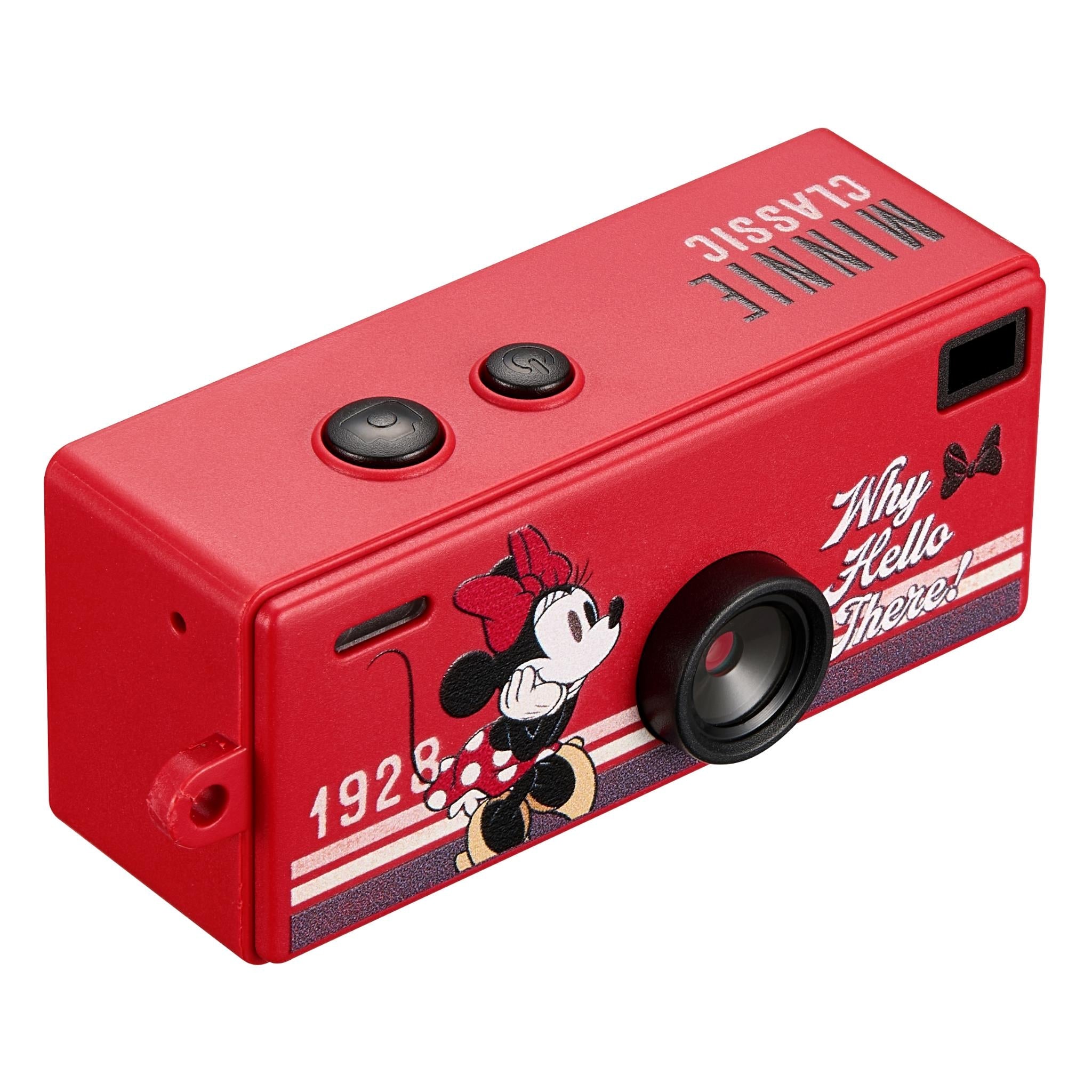 Red Minnie Mouse mini keyring camera side view with lens, controls, and key loop